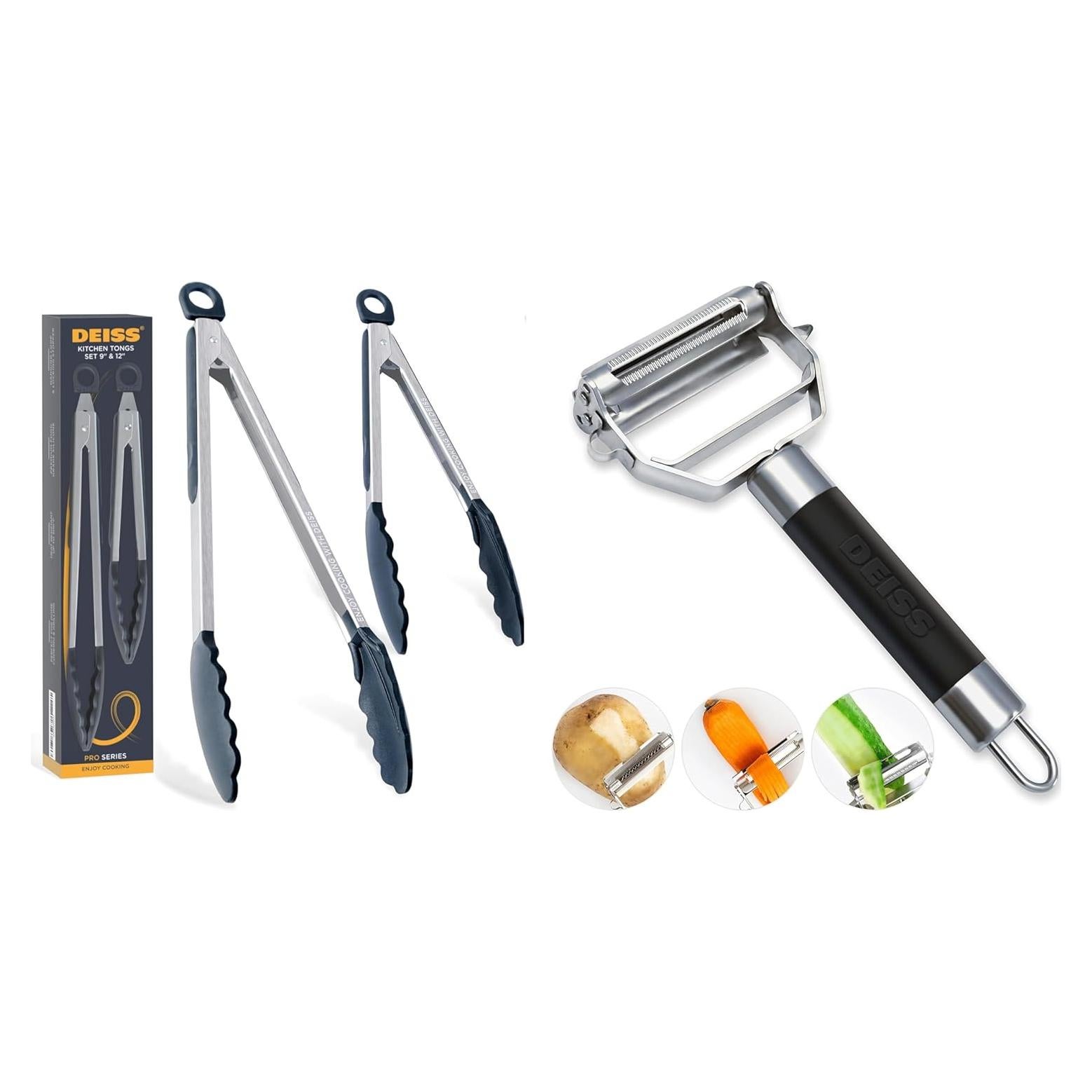 Pinzas de Cocina Deiss PRO con Puntas de Silicona y Pelador Doble