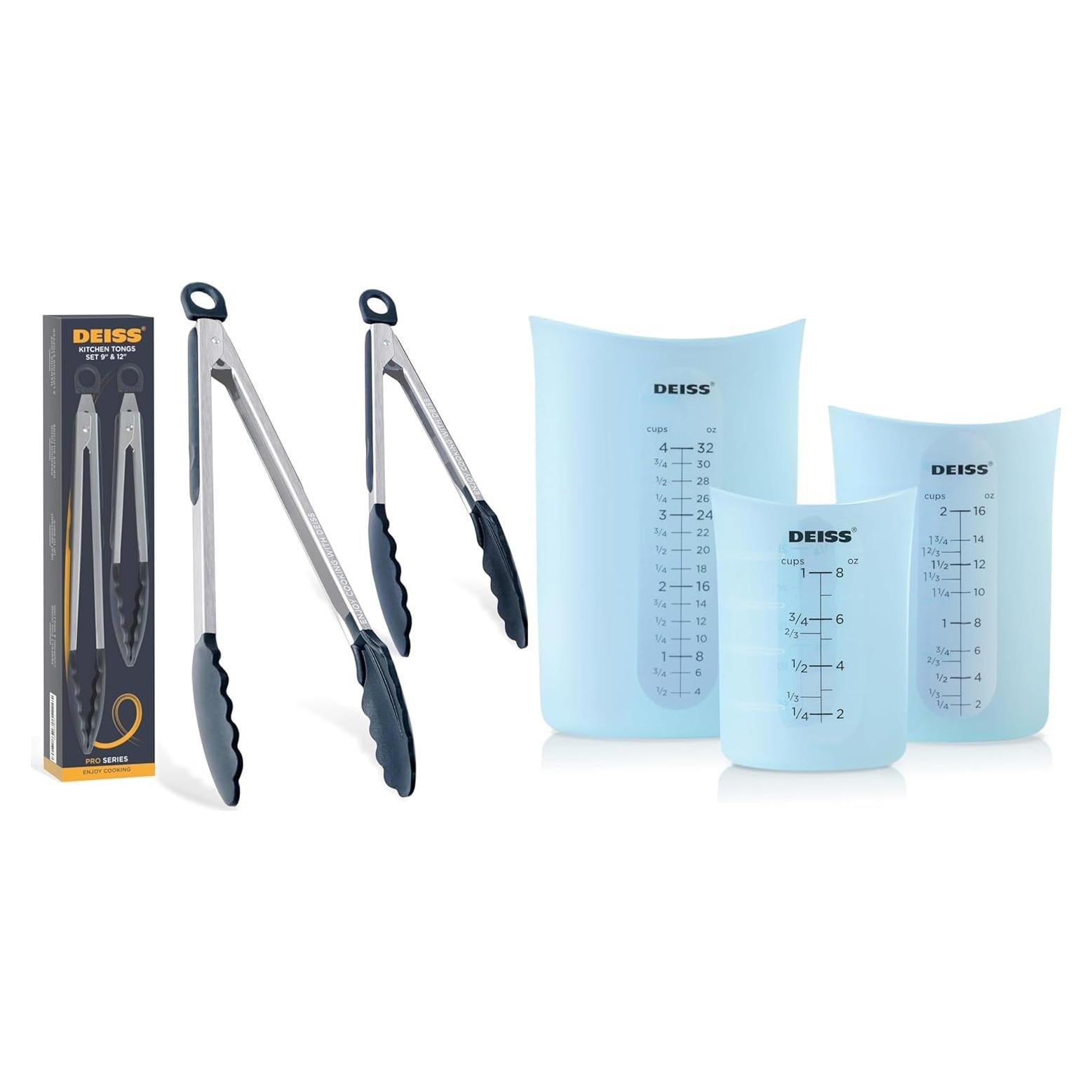 Pinzas de Cocina Deiss PRO con Puntas de Silicona y 3 Tazas Medidoras