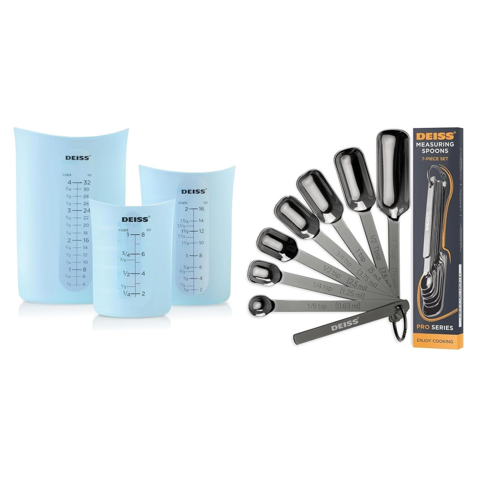 Conjunto de Tazas y Cucharas Medidoras Deiss PRO de Silicona y Acero