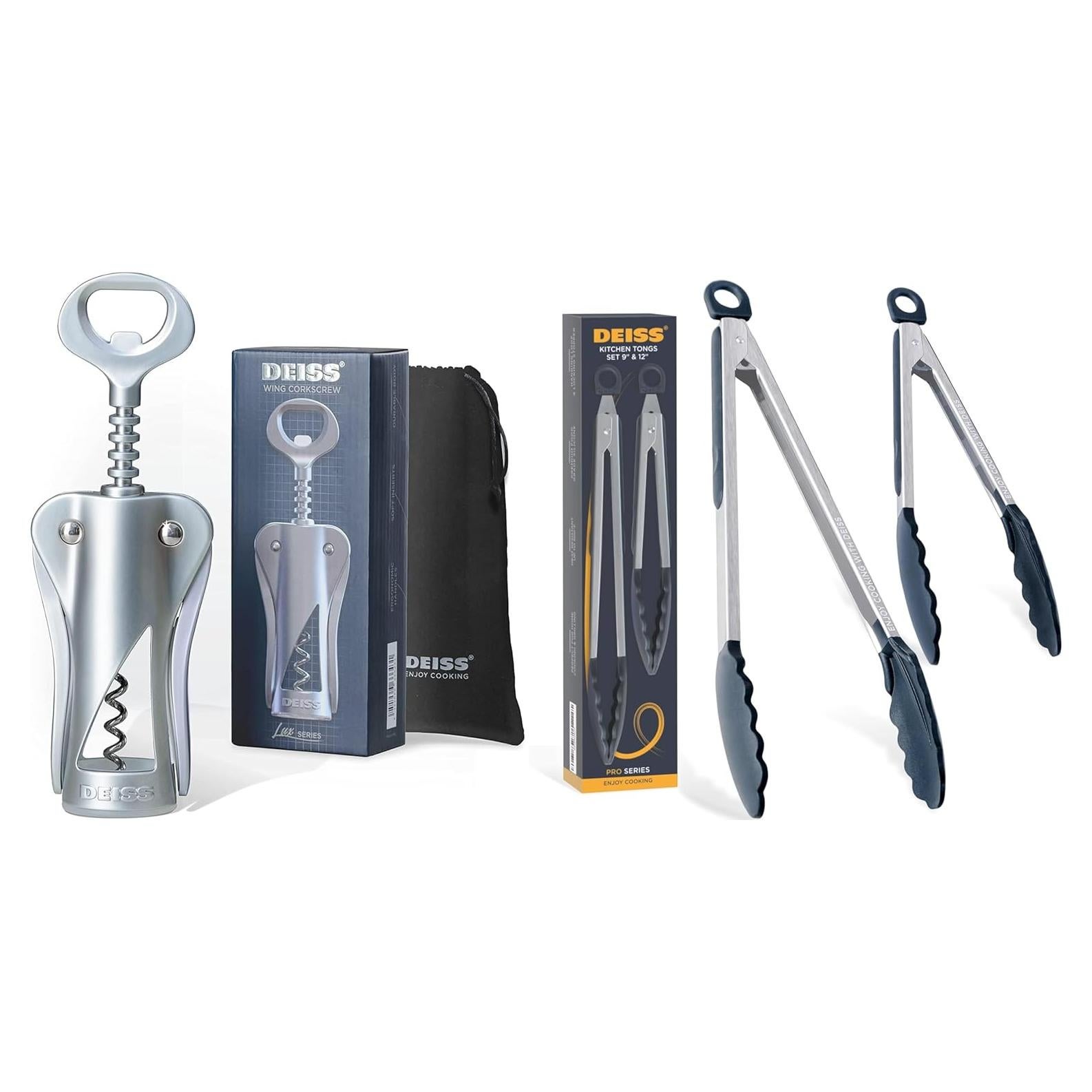 Sacacorchos de Vino Deiss LUX y Pinzas de Cocina PRO