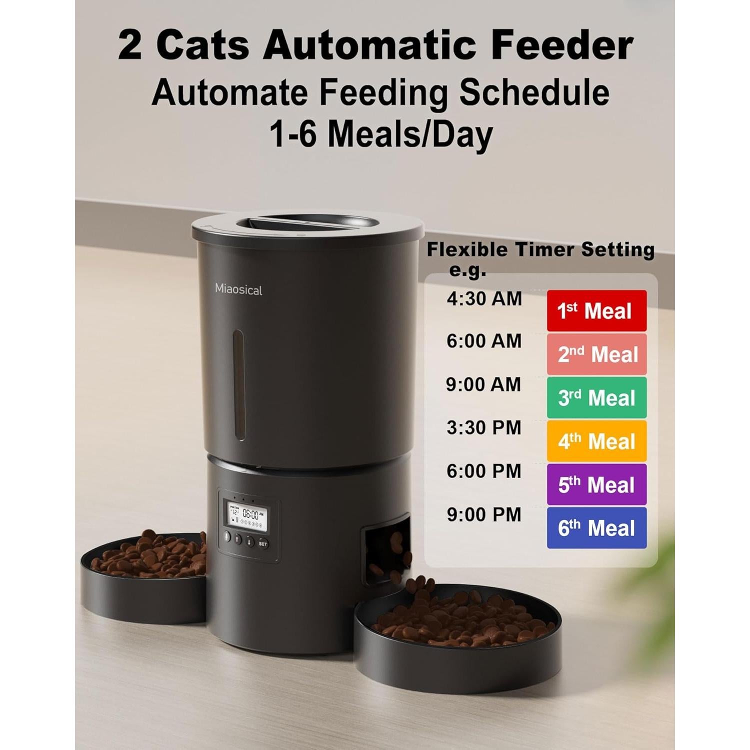 Comedero Automático Doble para Gatos Miaosical 4.2L Negro