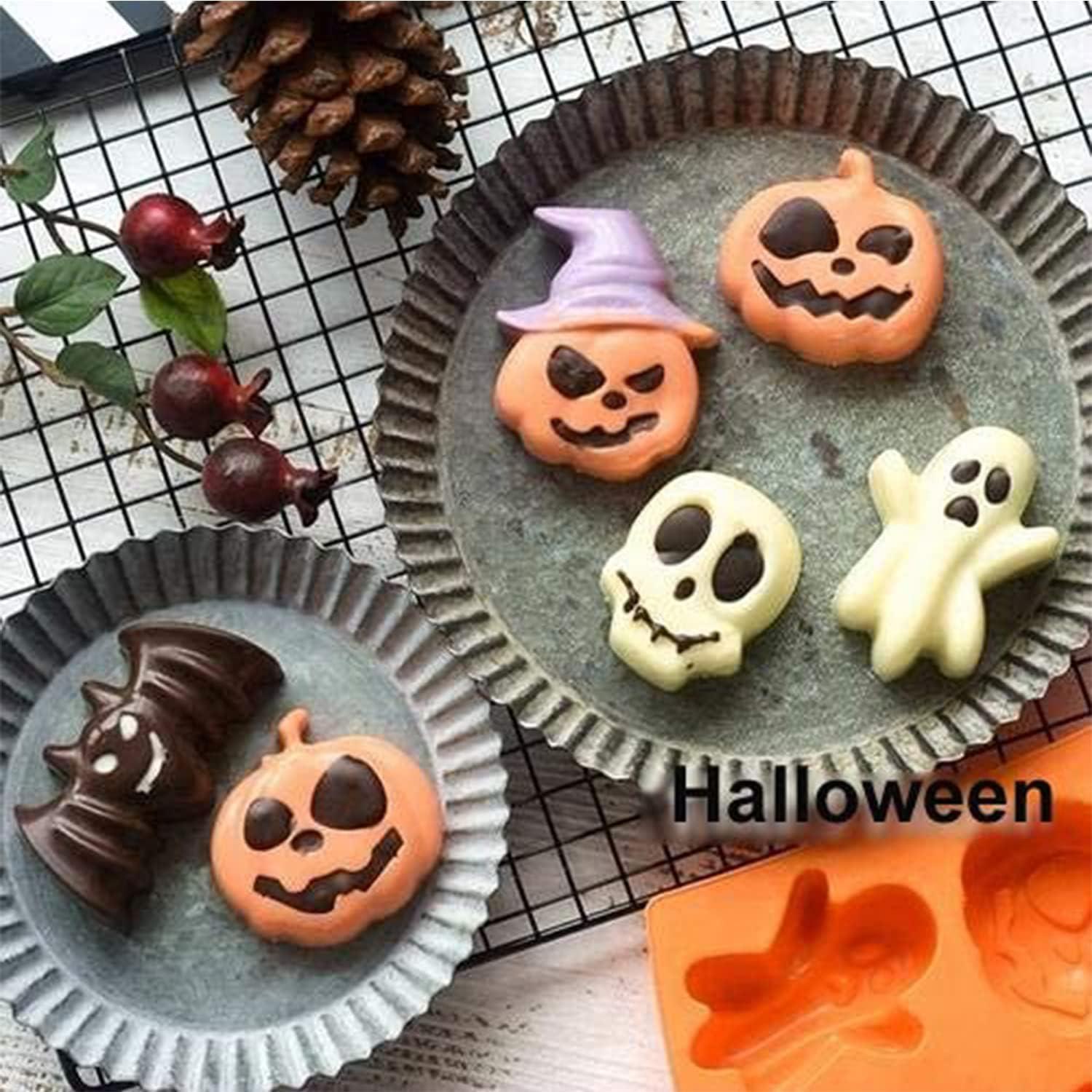 Molde de Silicona Halloween 2 Pcs OMDBAGD - Calabaza, Murciélago, Fantasma