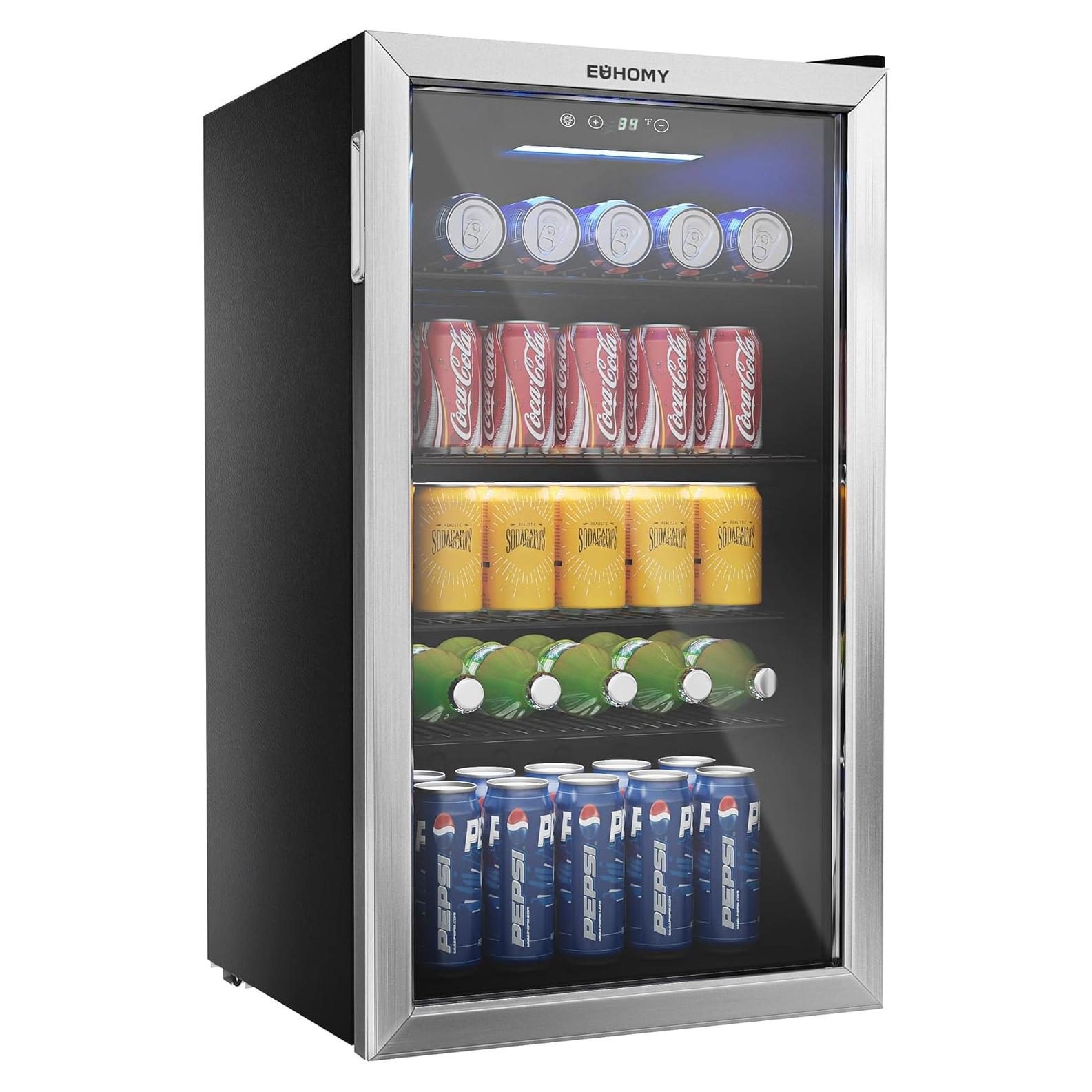 EUHOMY 26 Bottle 131 Can Beverage Refrigerator, Mini Fridge with Glass Door, Quiet Compressor and Adjust Temperature, Freestanding 3.2 Cu.ft Beverage Cooler, Silver