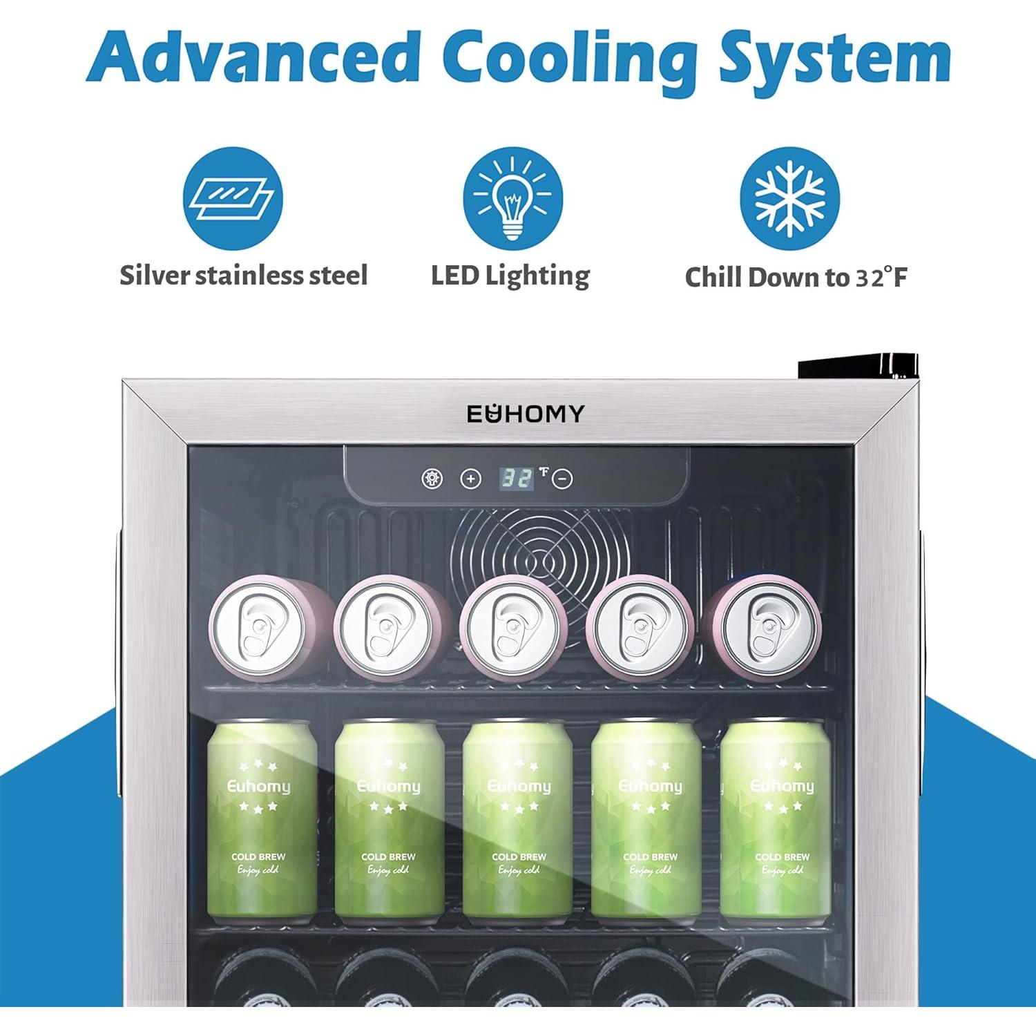 EUHOMY 26 Bottle 131 Can Beverage Refrigerator, Mini Fridge with Glass Door, Quiet Compressor and Adjust Temperature, Freestanding 3.2 Cu.ft Beverage Cooler, Silver