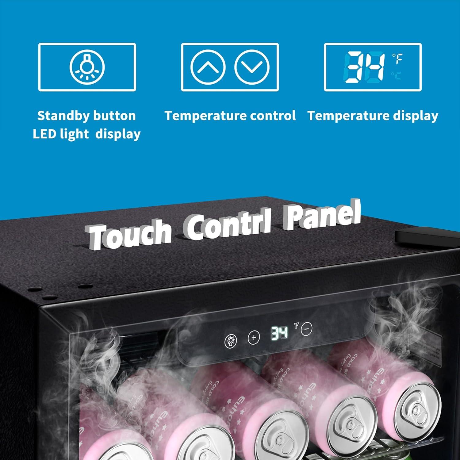 EUHOMY 26 Bottle 131 Can Beverage Refrigerator, Mini Fridge with Glass Door, Quiet Compressor and Adjust Temperature, Freestanding 3.2 Cu.ft Beverage Cooler, Silver