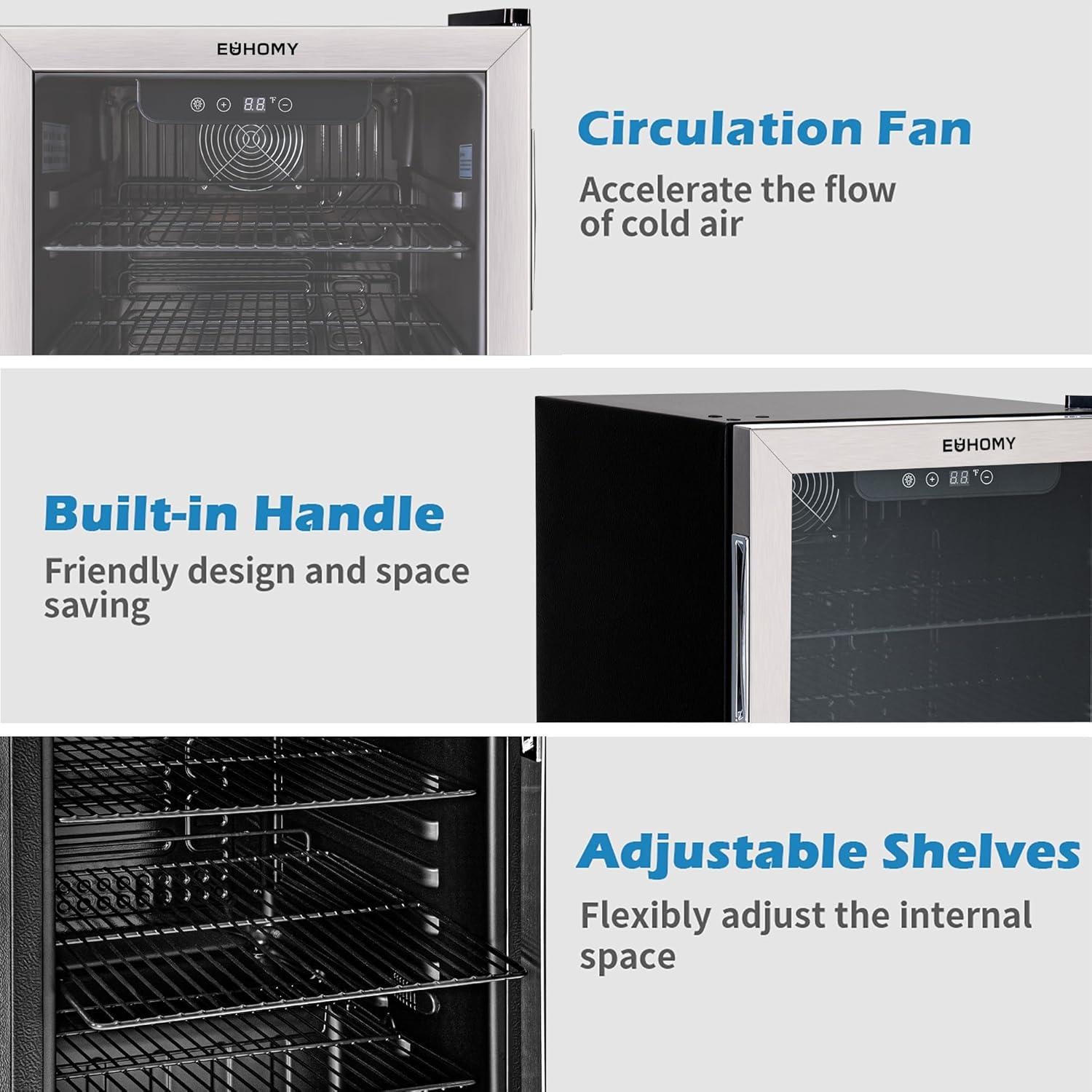 EUHOMY 26 Bottle 131 Can Beverage Refrigerator, Mini Fridge with Glass Door, Quiet Compressor and Adjust Temperature, Freestanding 3.2 Cu.ft Beverage Cooler, Silver