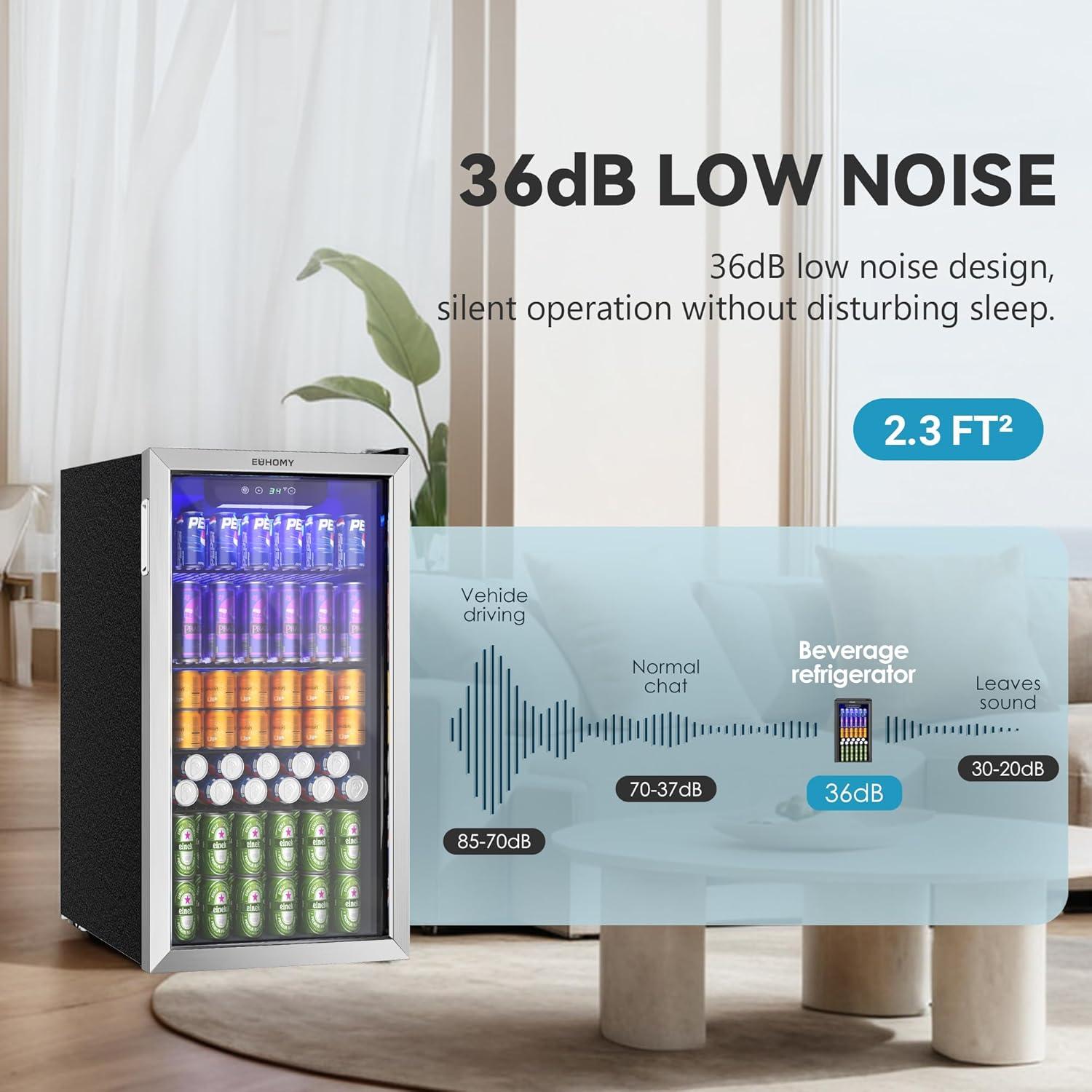 EUHOMY 26 Bottle 131 Can Beverage Refrigerator, Mini Fridge with Glass Door, Quiet Compressor and Adjust Temperature, Freestanding 3.2 Cu.ft Beverage Cooler, Silver