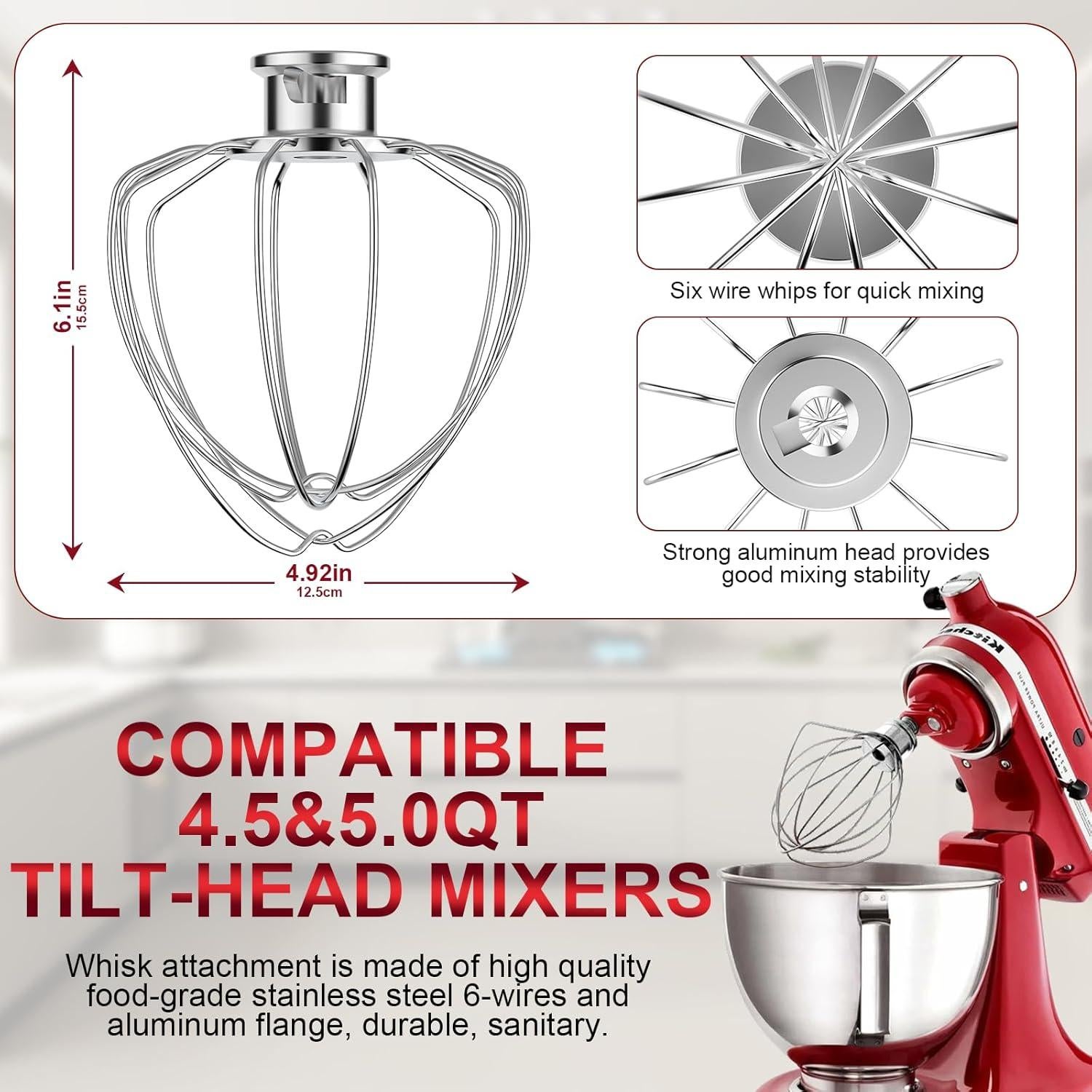 Batidor de 6 Alambres GuanQiao para KitchenAid 4.5-5 QT Acero Inoxidable