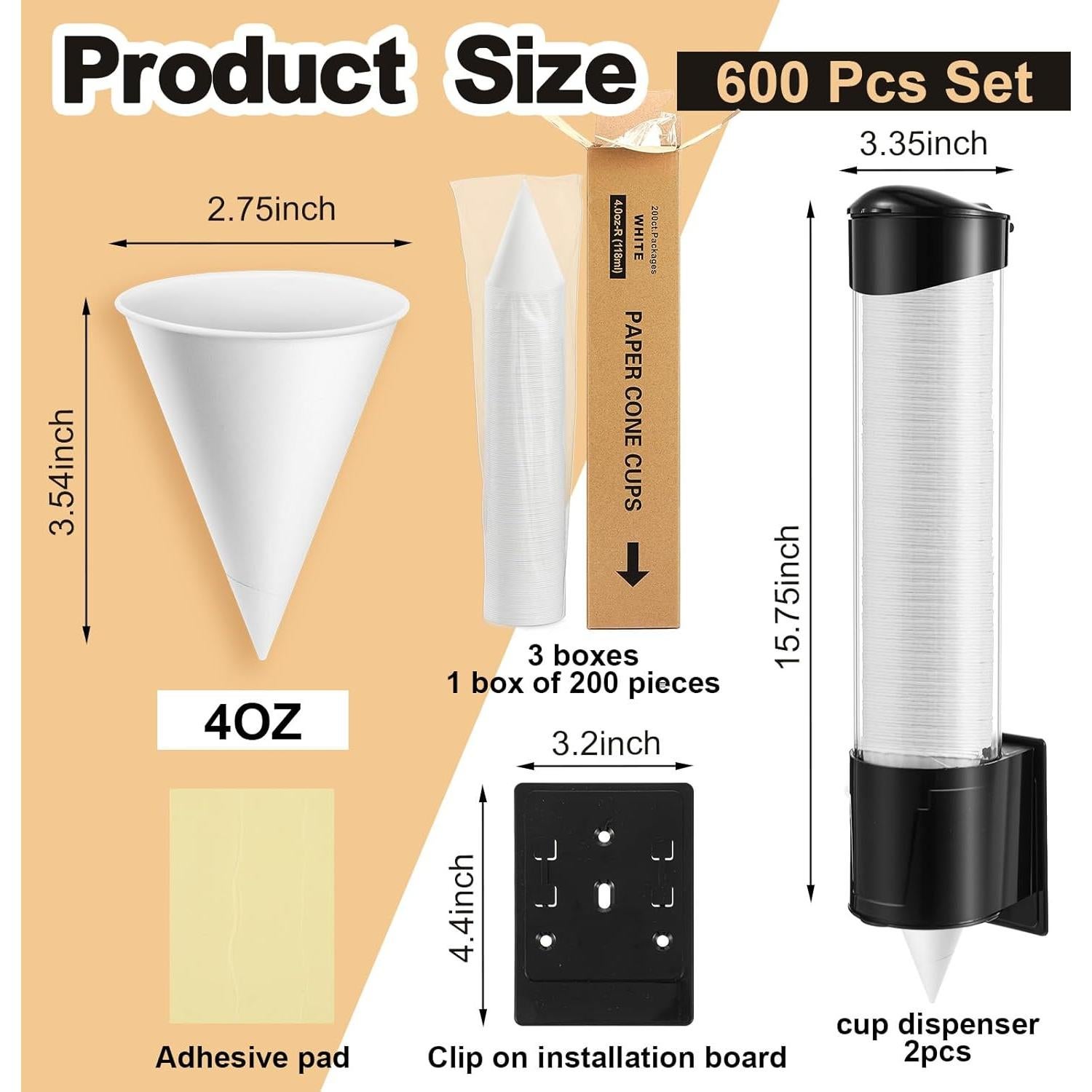 Tazas de Papel en Forma de Cono Roshtia 600 Pcs 113 ml con Dispensador