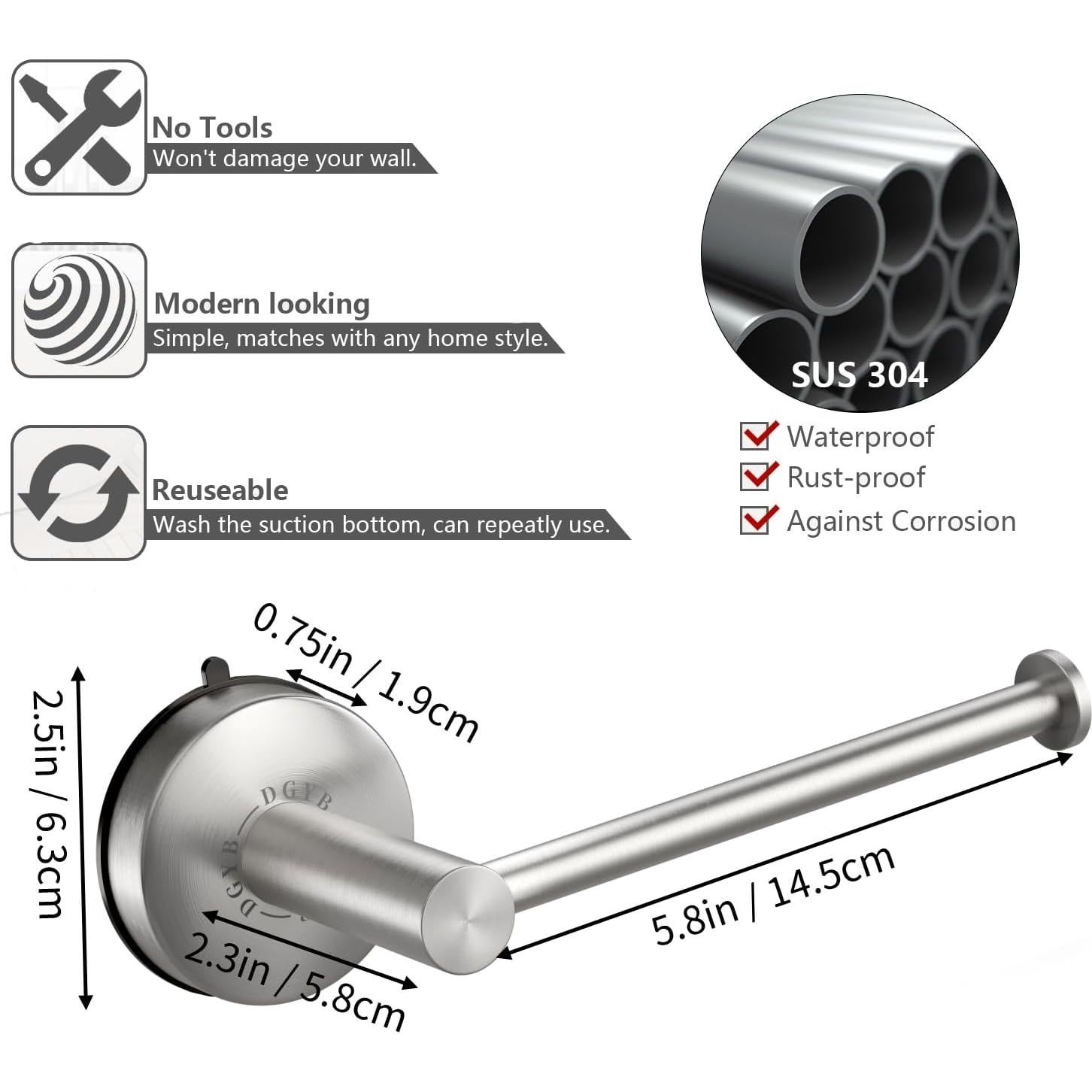 Soporte de Papel Higiénico DGYB con Ventosa - Acero Inoxidable 14.7 cm