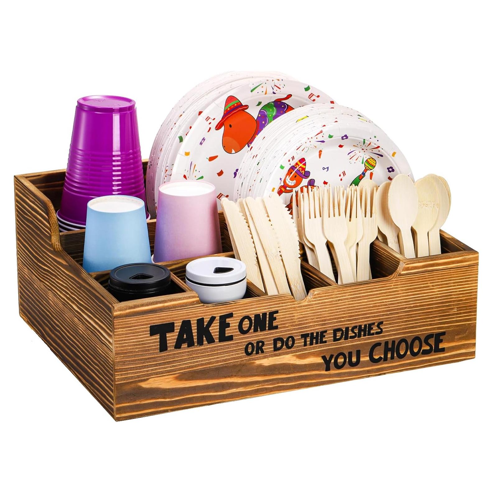 Organizador de Platos de Papel Frcctre, 8 Compartimentos, Madera Rústica