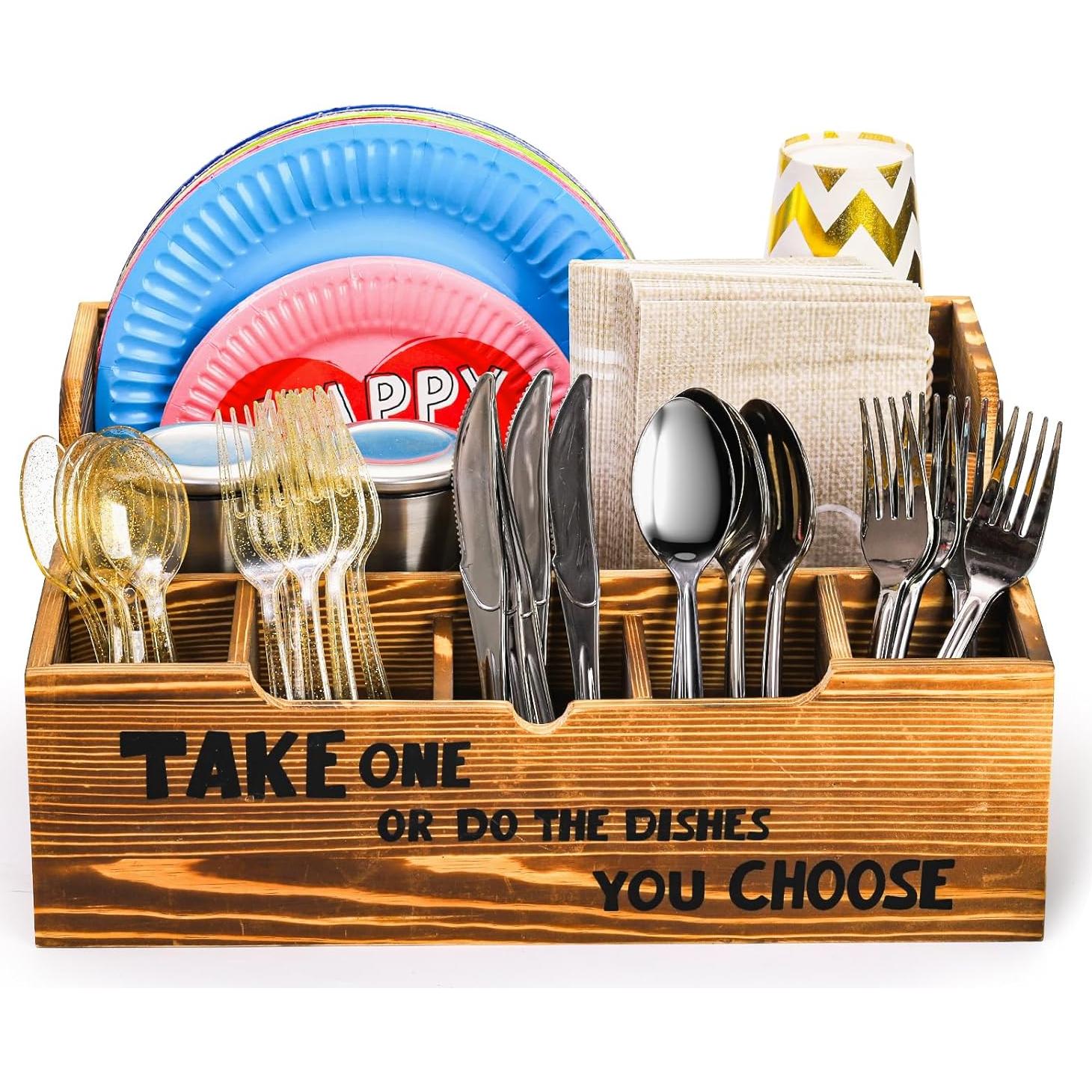 Organizador de Platos de Papel Frcctre, 8 Compartimentos, Madera Rústica