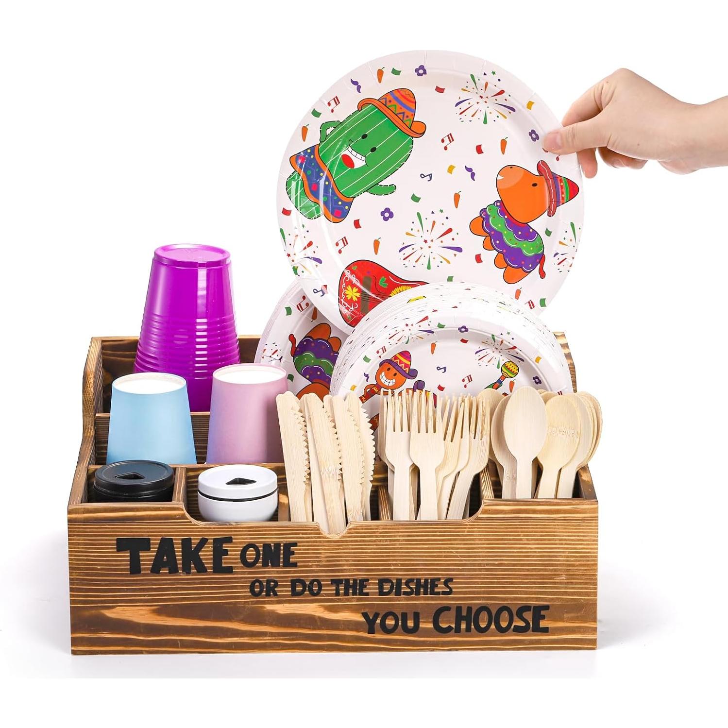 Organizador de Platos de Papel Frcctre, 8 Compartimentos, Madera Rústica