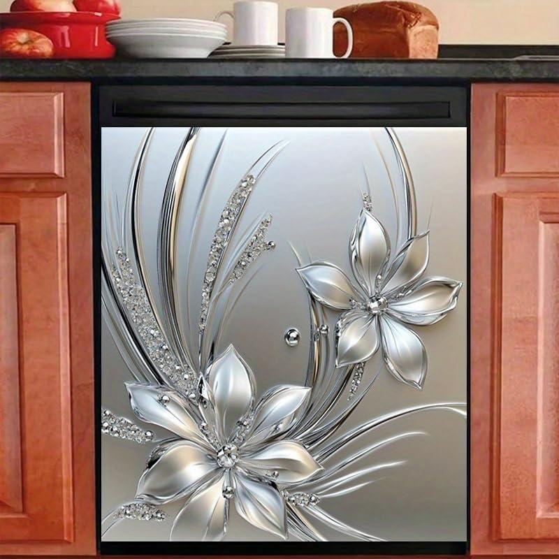 Cubierta Magnética de Lavavajillas BlissYard Floral Plateada 65x58cm