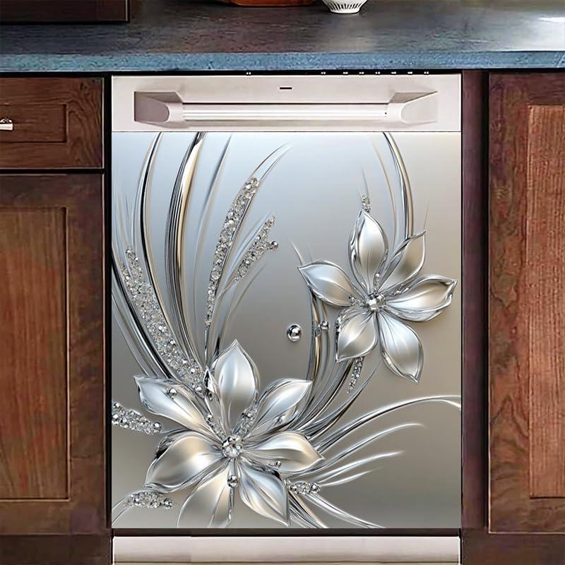 Cubierta Magnética de Lavavajillas BlissYard Floral Plateada 65x58cm