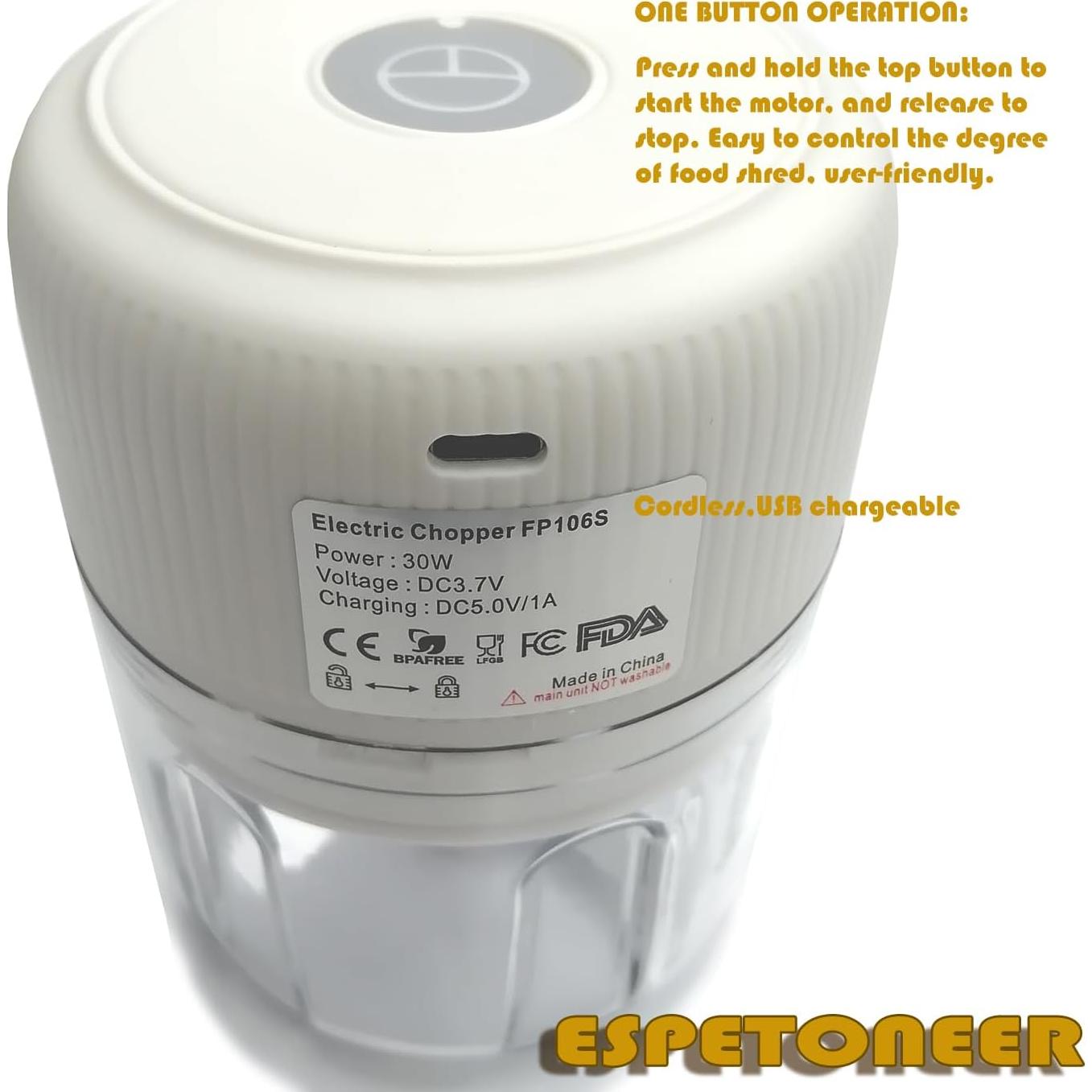 Picador de Ajo Eléctrico Espetoneer 250ml Blanco, Cargable USB