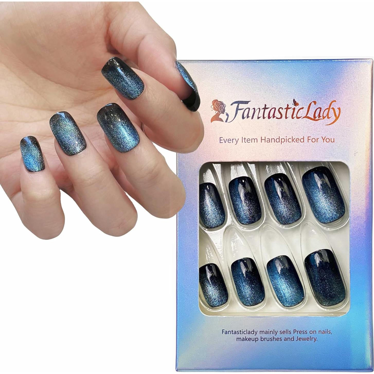 Uñas Postizas Magnéticas Azul 24 Piezas Fantastic Lady