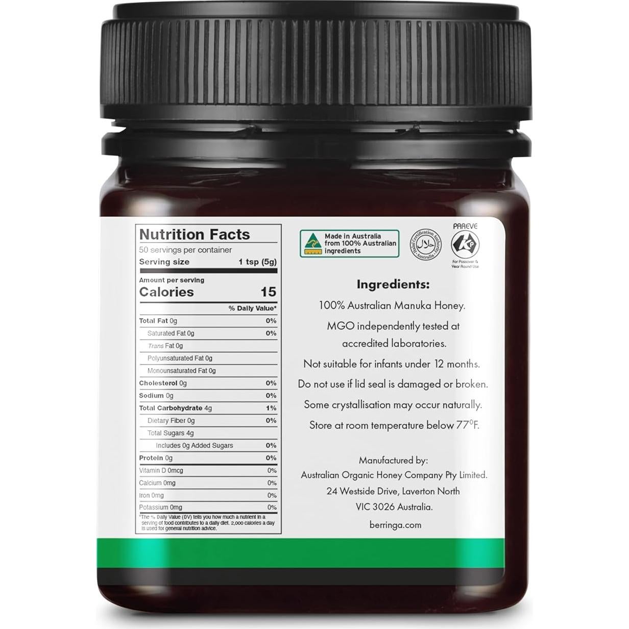 Miel de Manuka Berringa 250g MGO 120+ Cruda y Sin Filtrar