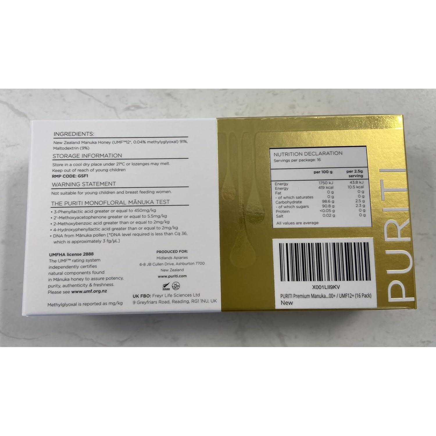 Caramelos de Miel de Manuka PURITI 16 Unidades Sin Azúcar