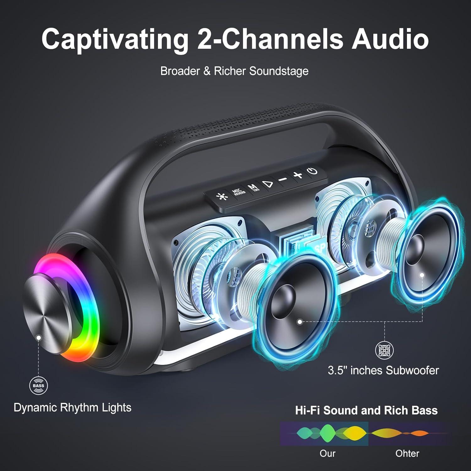 Altavoz Bluetooth HWWR D20 Portátil Impermeable 60W Graves LED