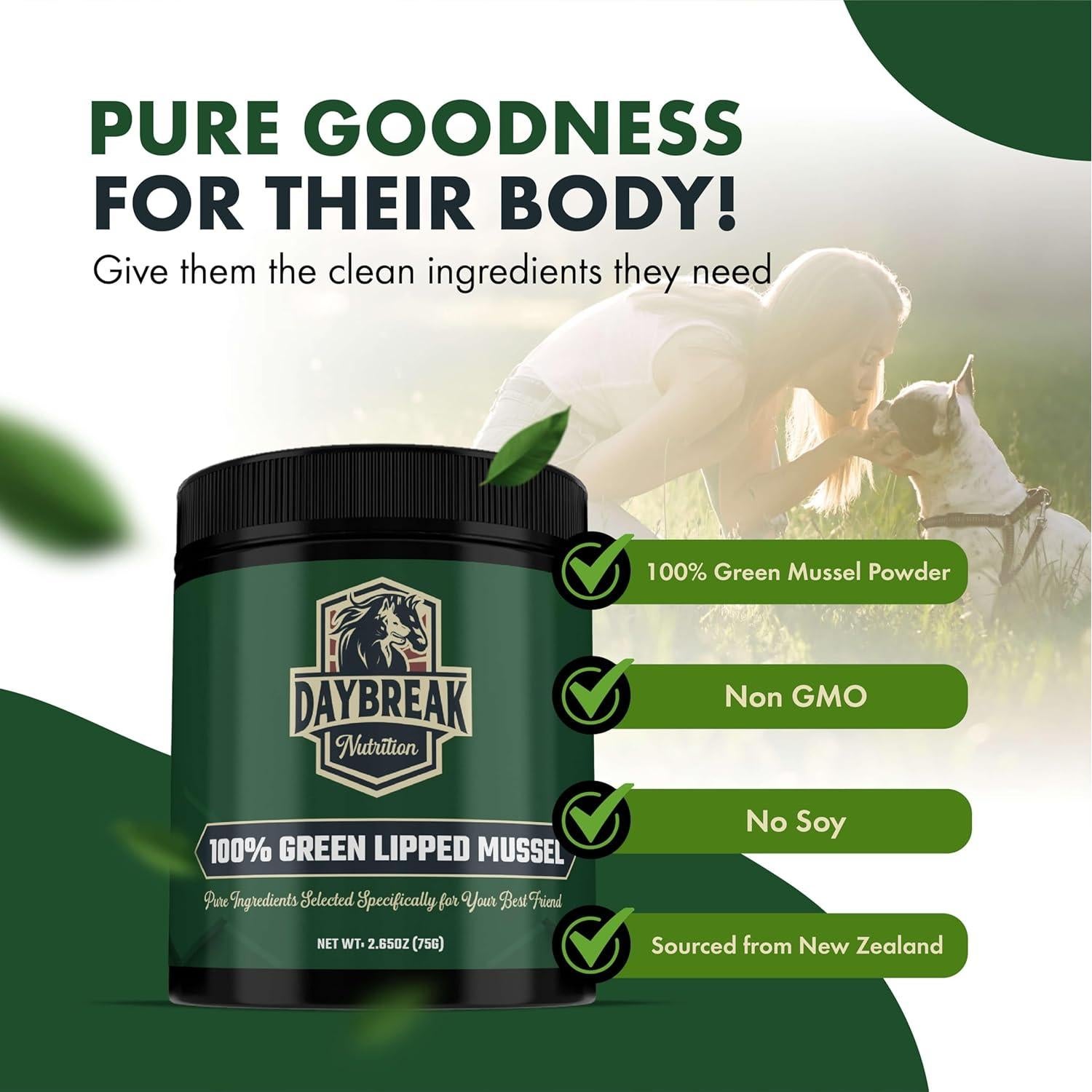 Polvo de Mejillón Verde Daybreak 75g - Suplemento Articular para Perros y Gatos