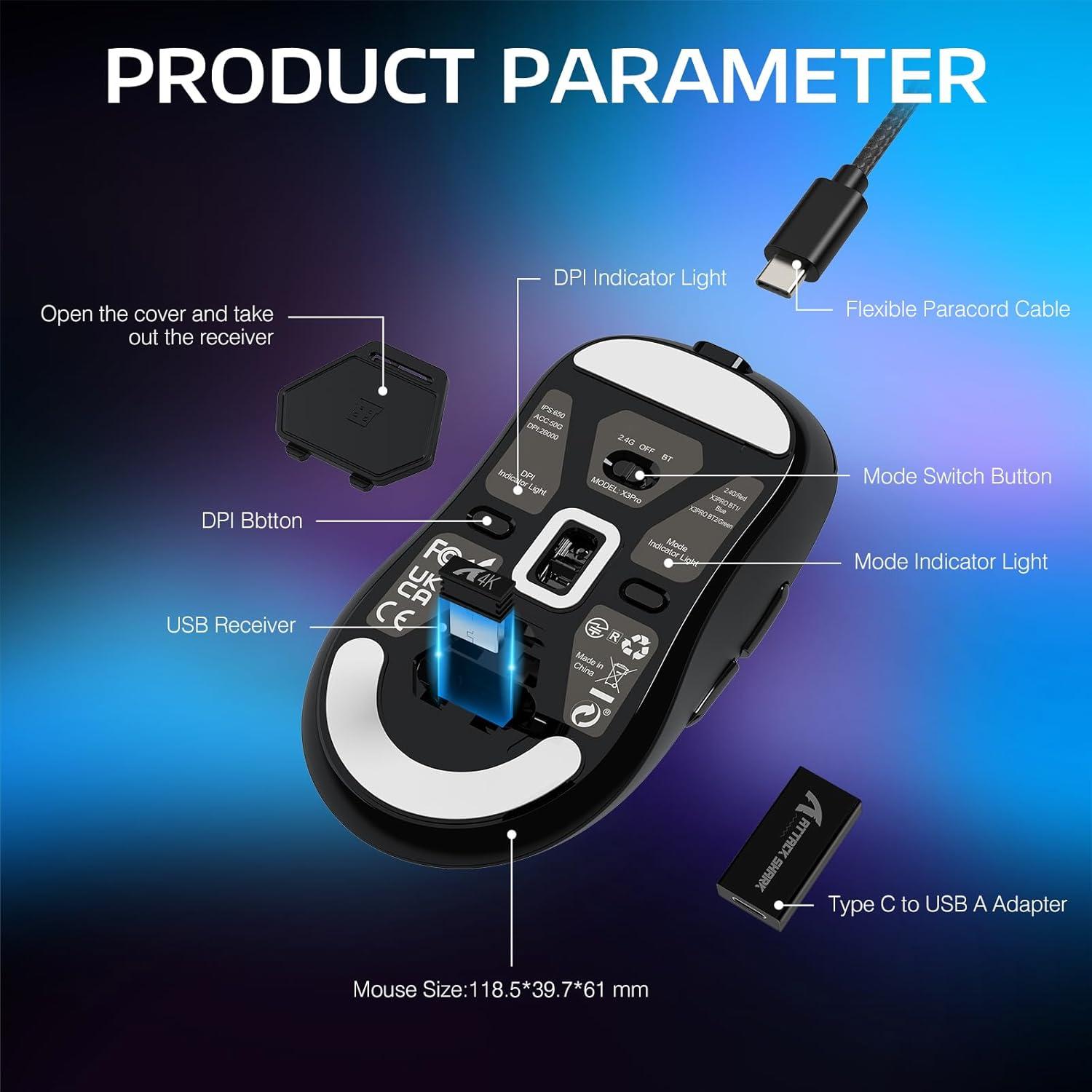 Ratón Inalámbrico MANBASNAKE X3 Pro 4K/8K 26000 DPI Negro