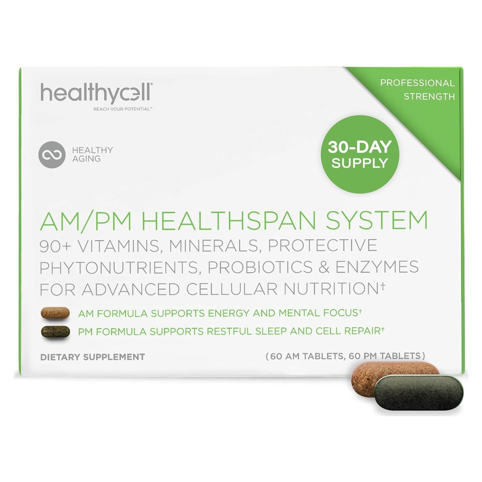 HealhtyCell AM/PM Healthspan System - 90+ Vitamins, Minerals, Protective Phytonutrients, Probiotics & Enzymes for Advanced Cellular Nutrition - 60 AM Tablets & 60 PM Tablets