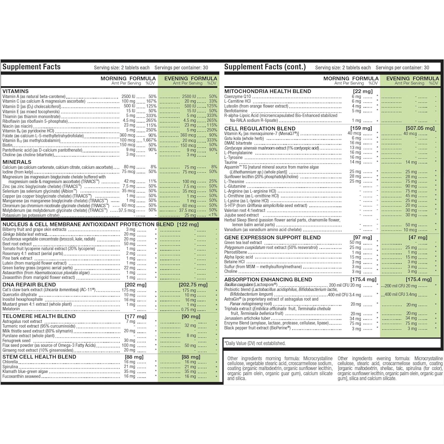HealhtyCell AM/PM Healthspan System - 90+ Vitamins, Minerals, Protective Phytonutrients, Probiotics & Enzymes for Advanced Cellular Nutrition - 60 AM Tablets & 60 PM Tablets