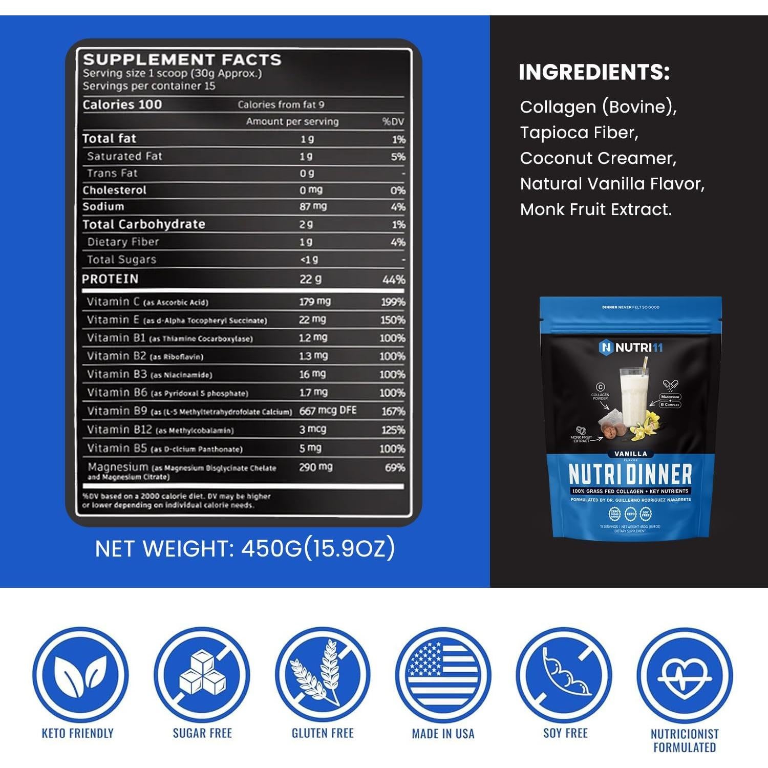 NutriDinner Nutrillermo | Polvo de Colágeno con Magnesio 450g