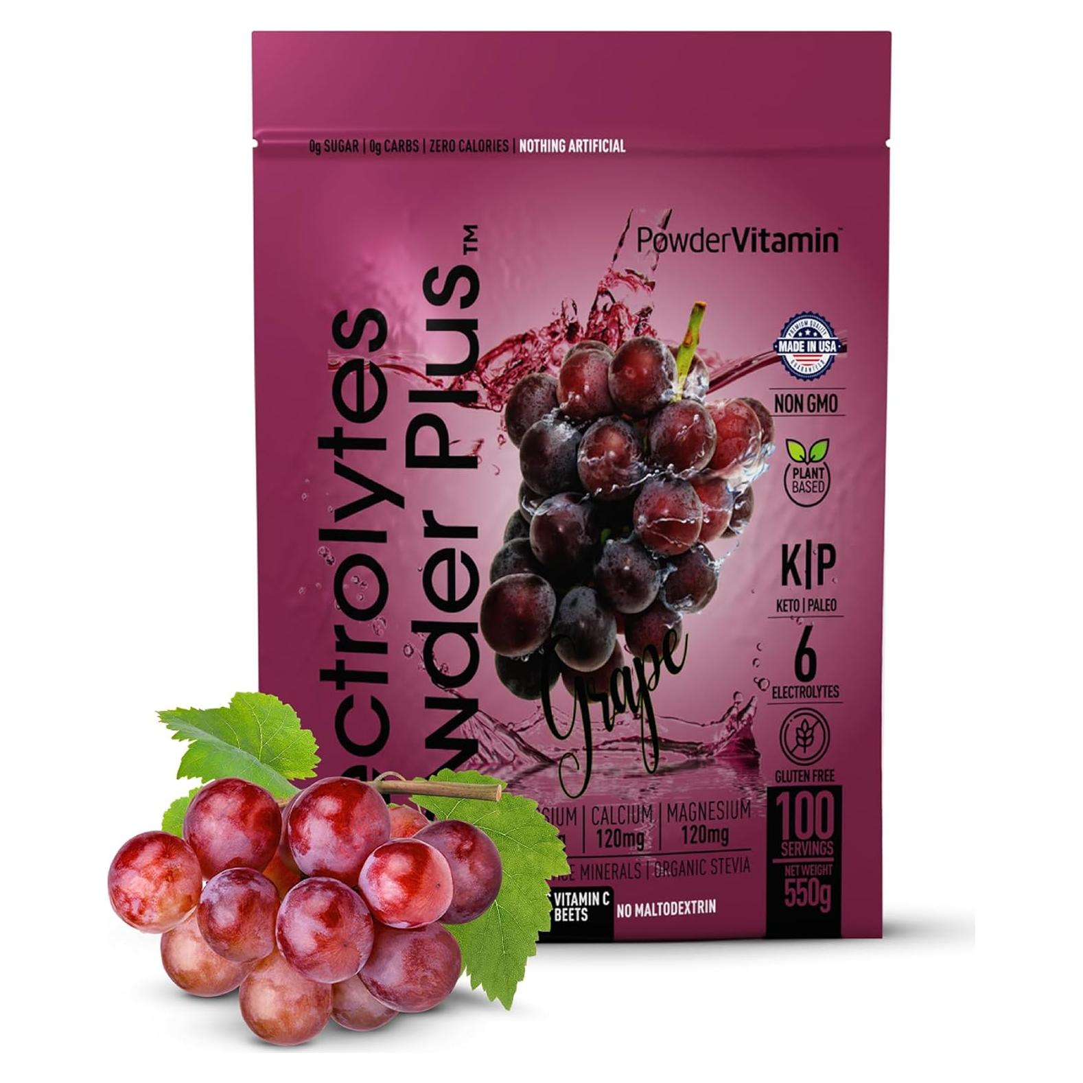Polvo de Electrolitos Plus Uva 550g - Sin Azúcar, Keto, 100 Porciones