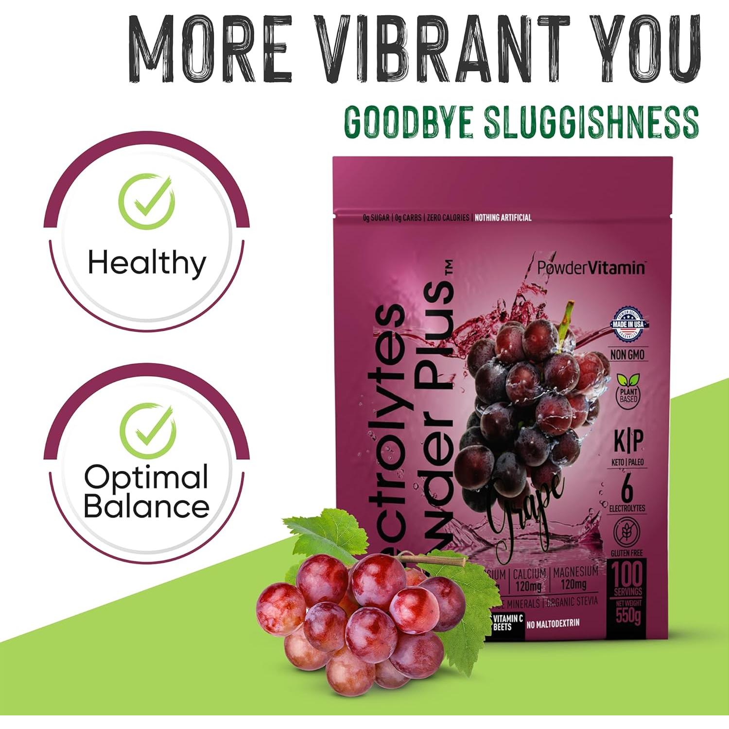 Polvo de Electrolitos Plus Uva 550g - Sin Azúcar, Keto, 100 Porciones