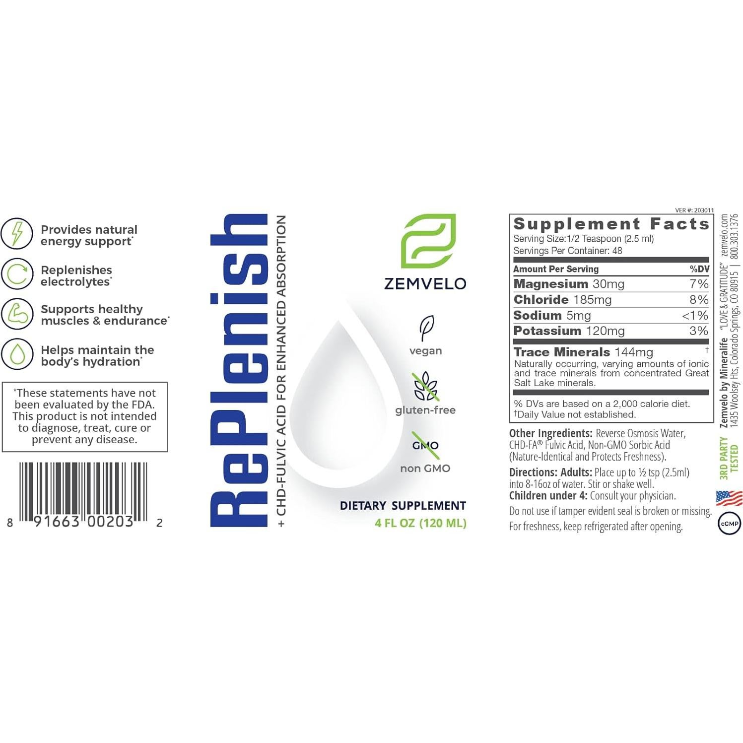 Suplemento de Electrolitos Líquidos Zemvelo RePlenish 149g