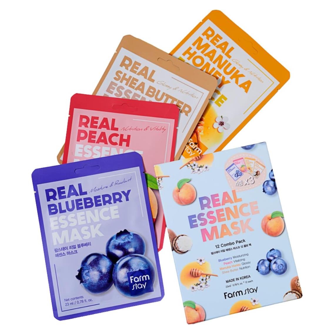 Paquete de 12 Máscaras Faciales FARMSTAY Esencia Real 23 ml