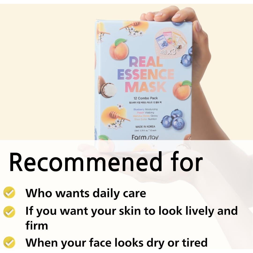 Paquete de 12 Máscaras Faciales FARMSTAY Esencia Real 23 ml
