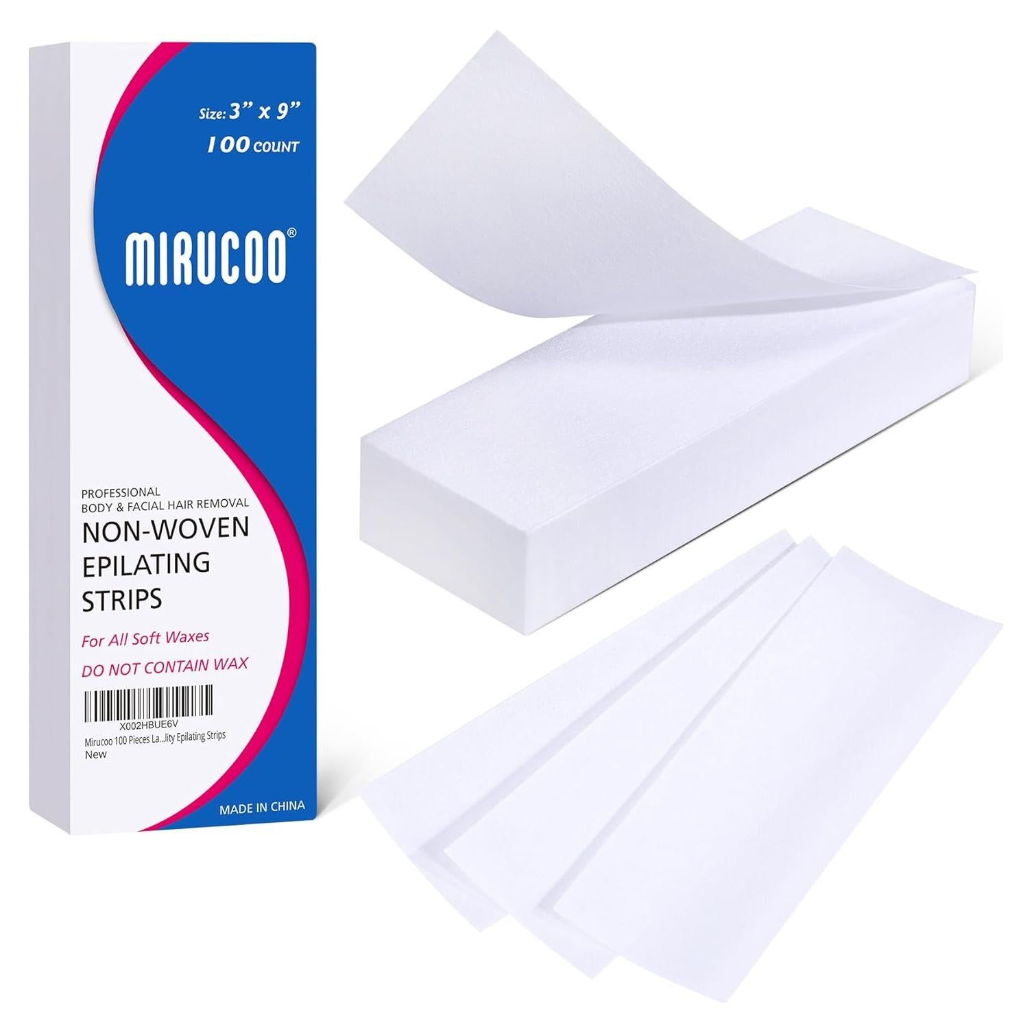 100 Tiras de Cera No Tejidas Mirucoo 7.62x22.86 cm para Depilación