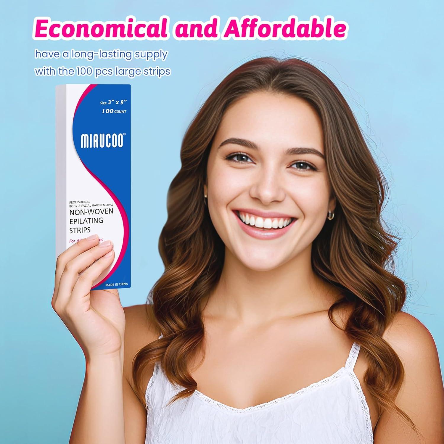 100 Tiras de Cera No Tejidas Mirucoo 7.62x22.86 cm para Depilación