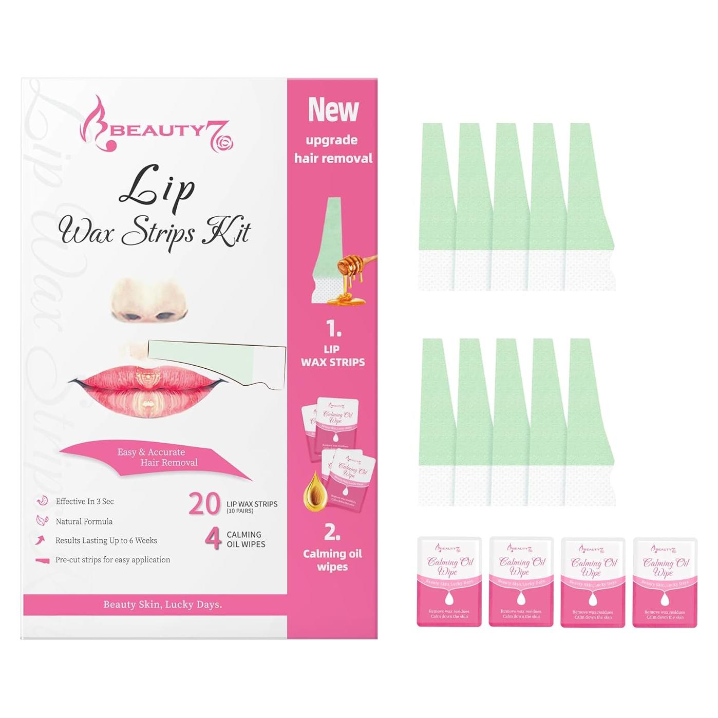 Kit de Ceras Faciales Beauty7 - 20 Tiras + 4 Toallitas Calmantes