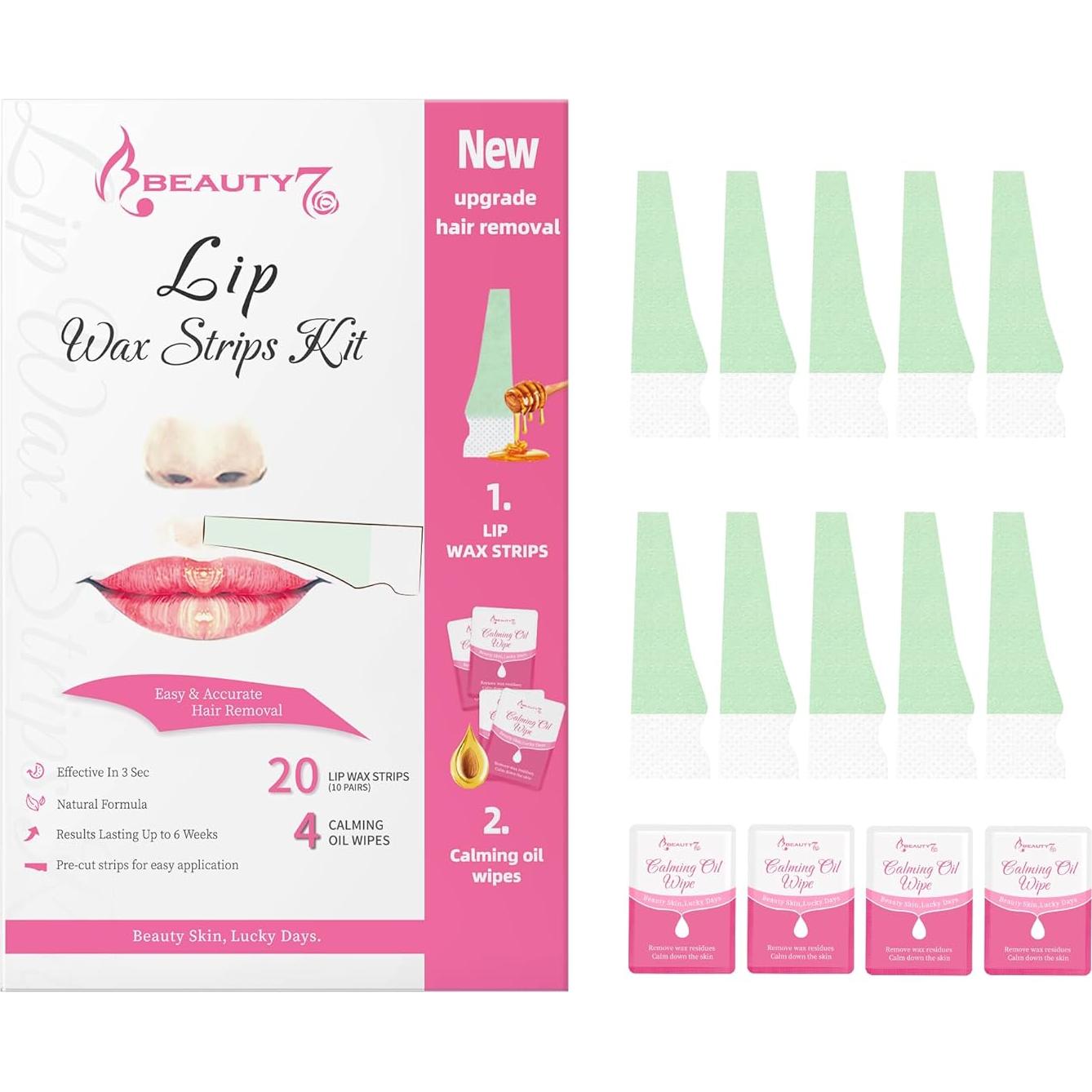 Kit de Ceras Faciales Beauty7 - 20 Tiras + 4 Toallitas Calmantes