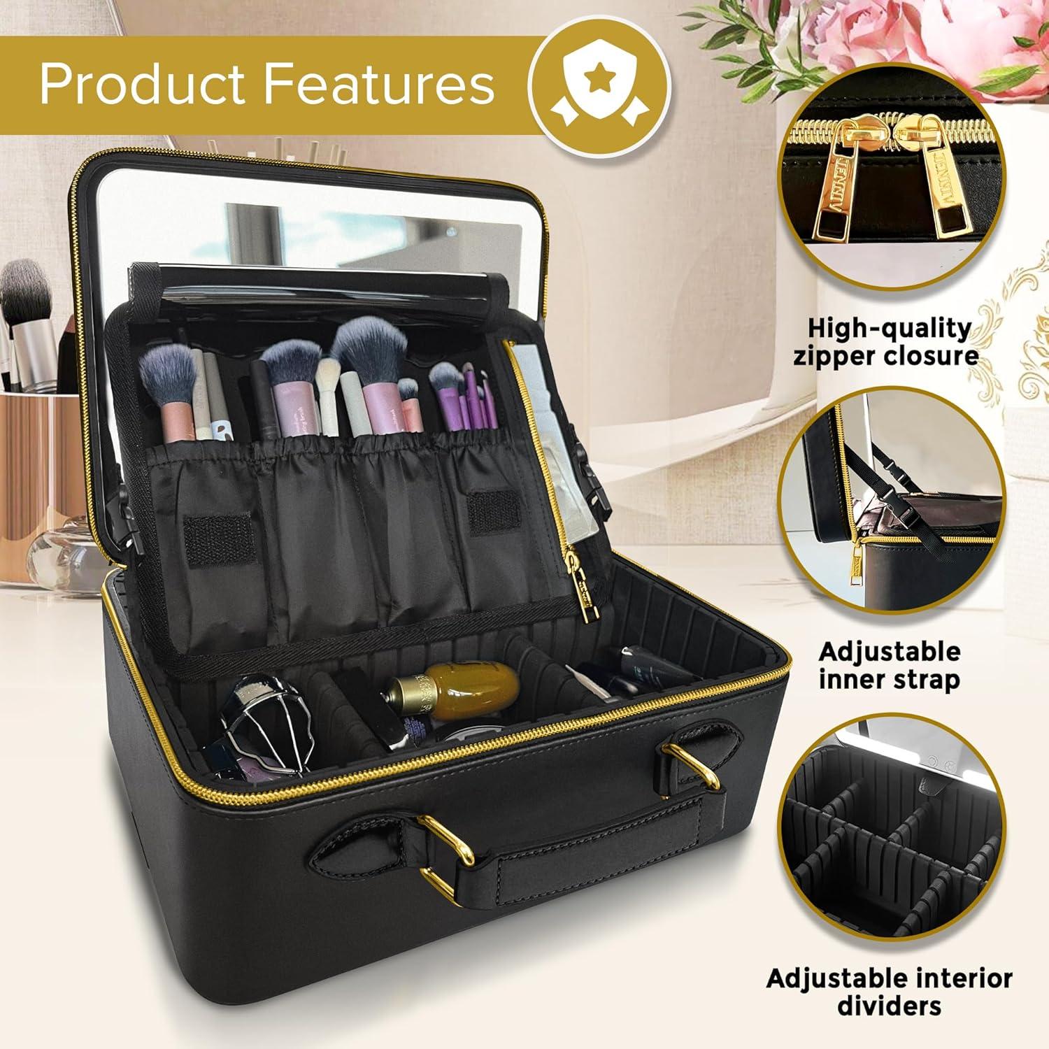 Bolsa de Maquillaje JENNI V Negra con Espejo LED y Divisores