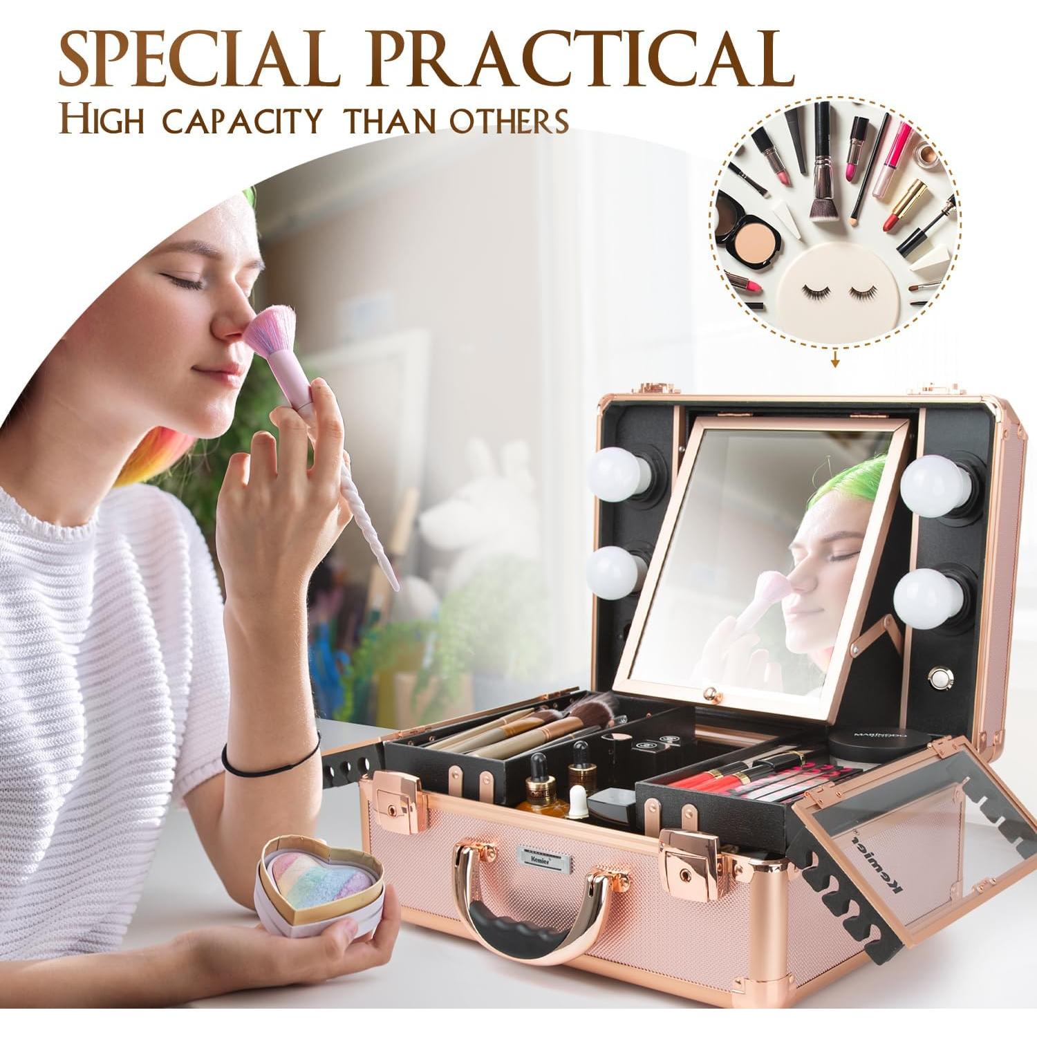 Estuche de Maquillaje Kemier KM-01 Oro Rosa con Espejo y Luz