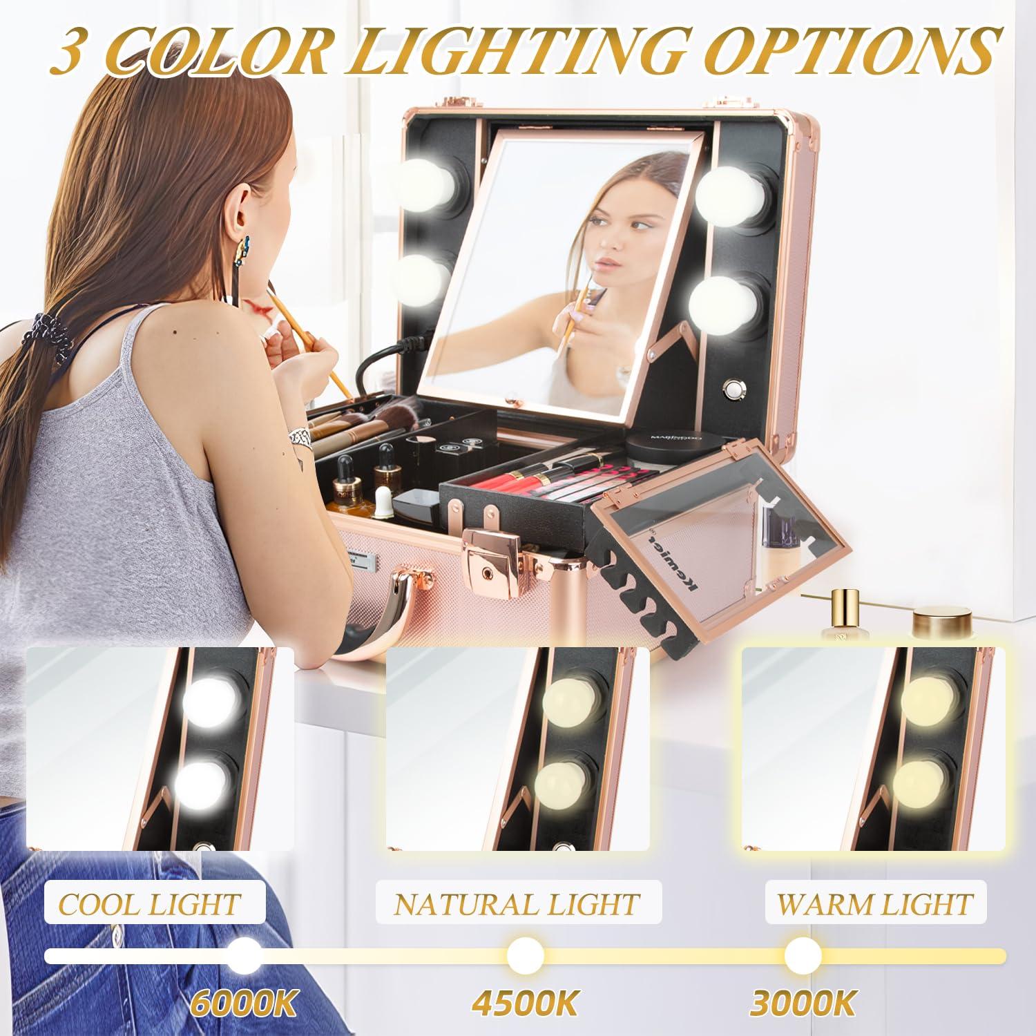 Estuche de Maquillaje Kemier KM-01 Oro Rosa con Espejo y Luz