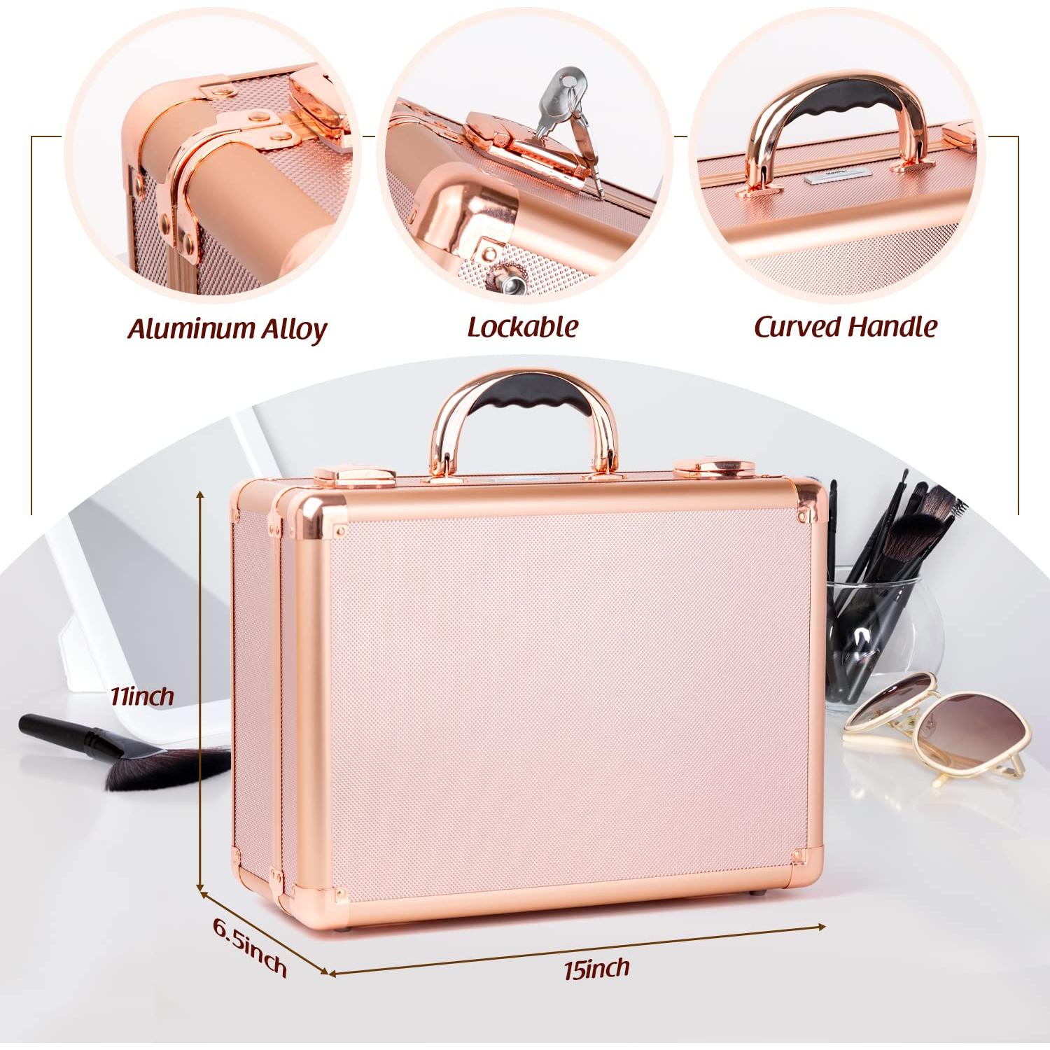 Estuche de Maquillaje Kemier KM-01 Oro Rosa con Espejo y Luz