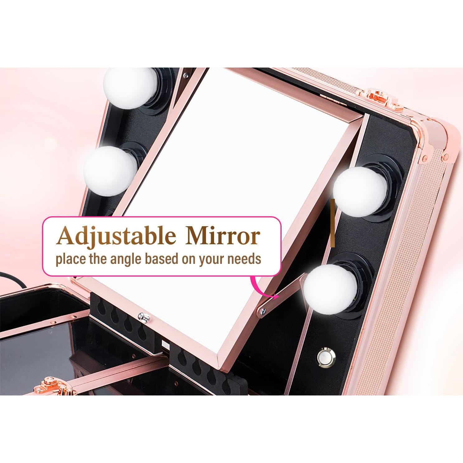 Estuche de Maquillaje Kemier KM-01 Oro Rosa con Espejo y Luz