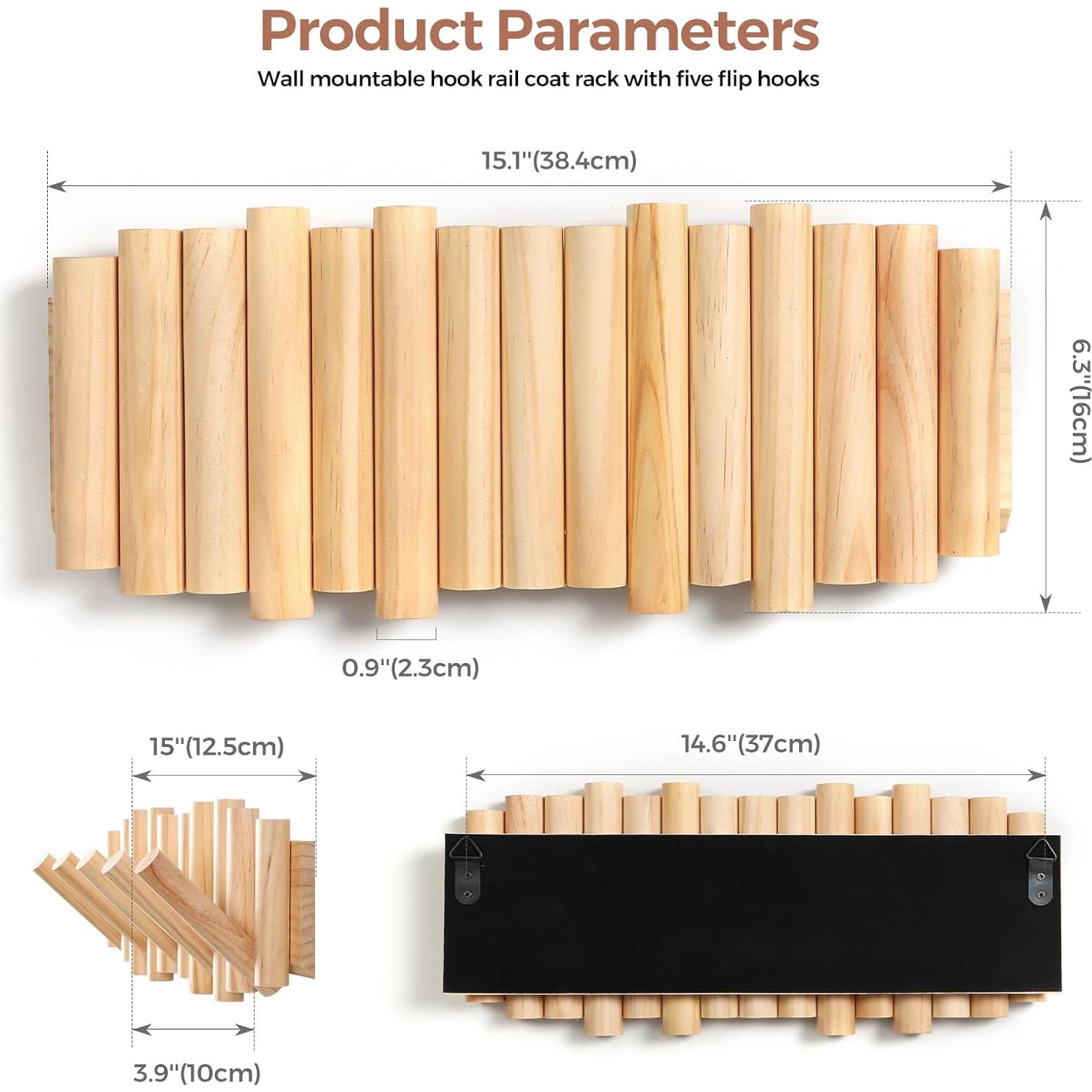 Perchero de pared zQSFP con 5 ganchos plegables de madera natural