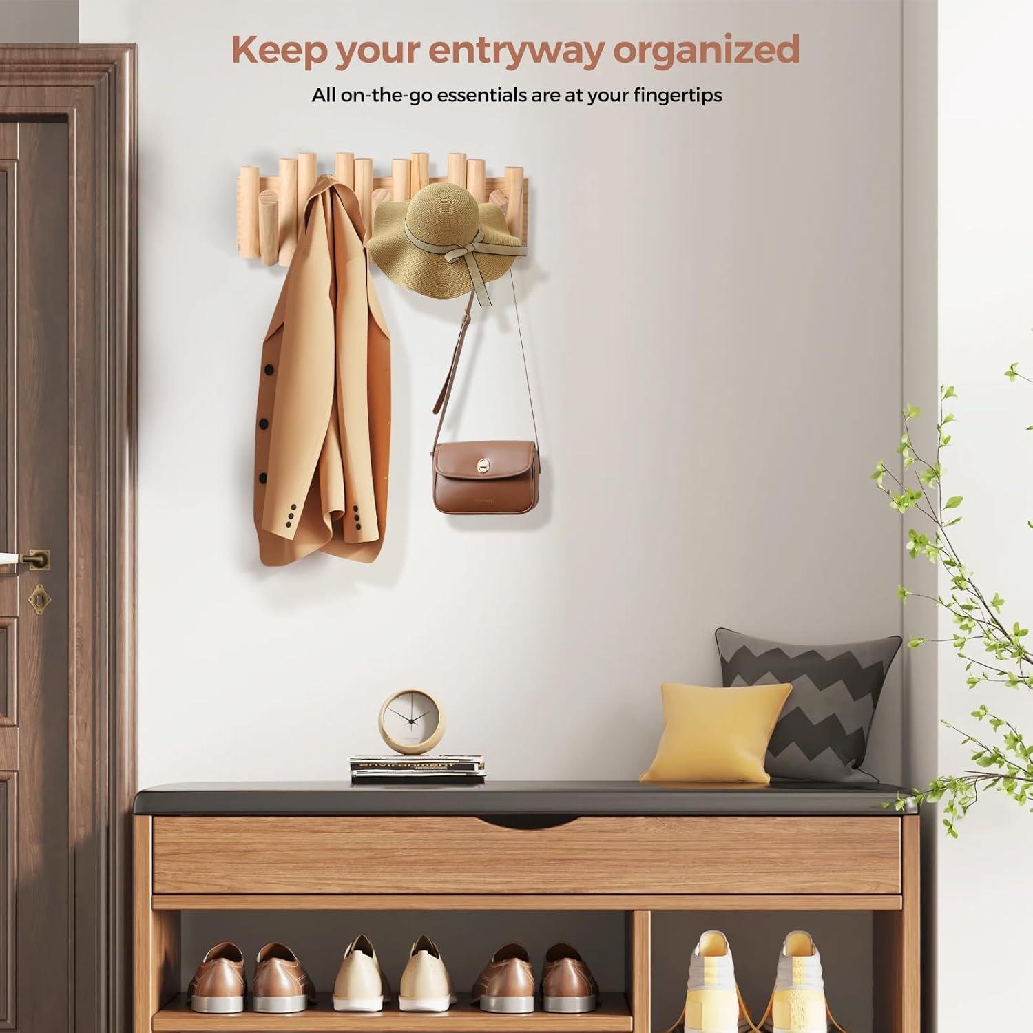 Perchero de pared zQSFP con 5 ganchos plegables de madera natural