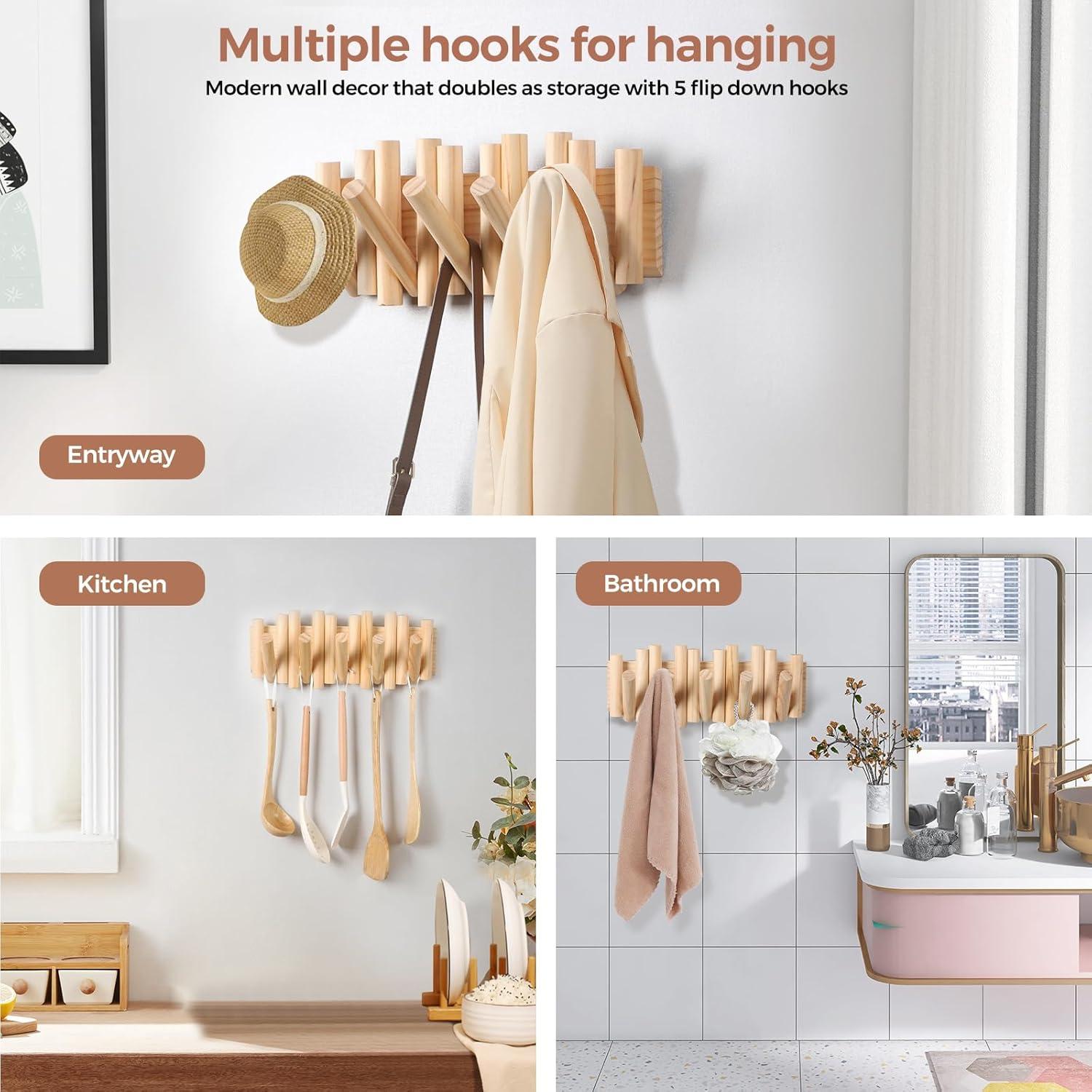 Perchero de pared zQSFP con 5 ganchos plegables de madera natural