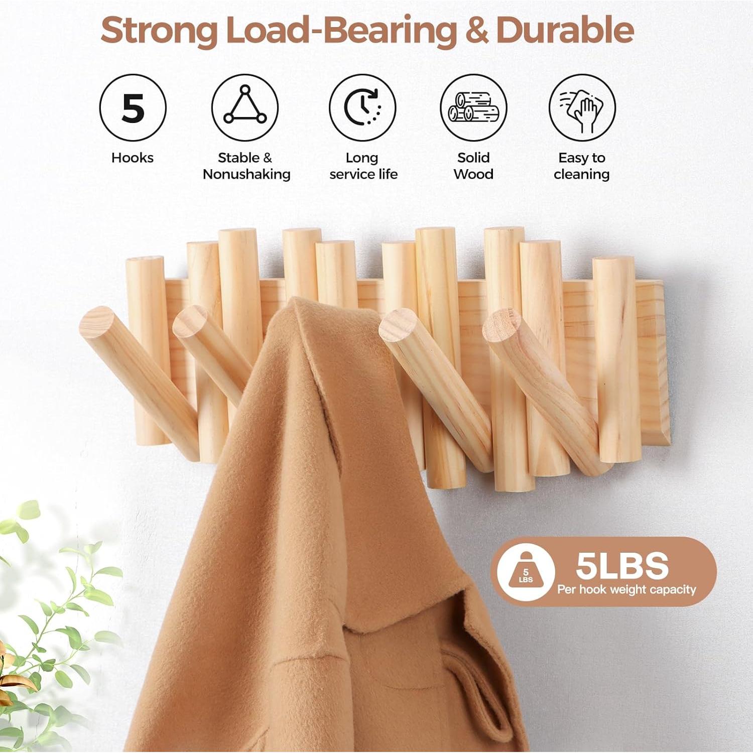 Perchero de pared zQSFP con 5 ganchos plegables de madera natural