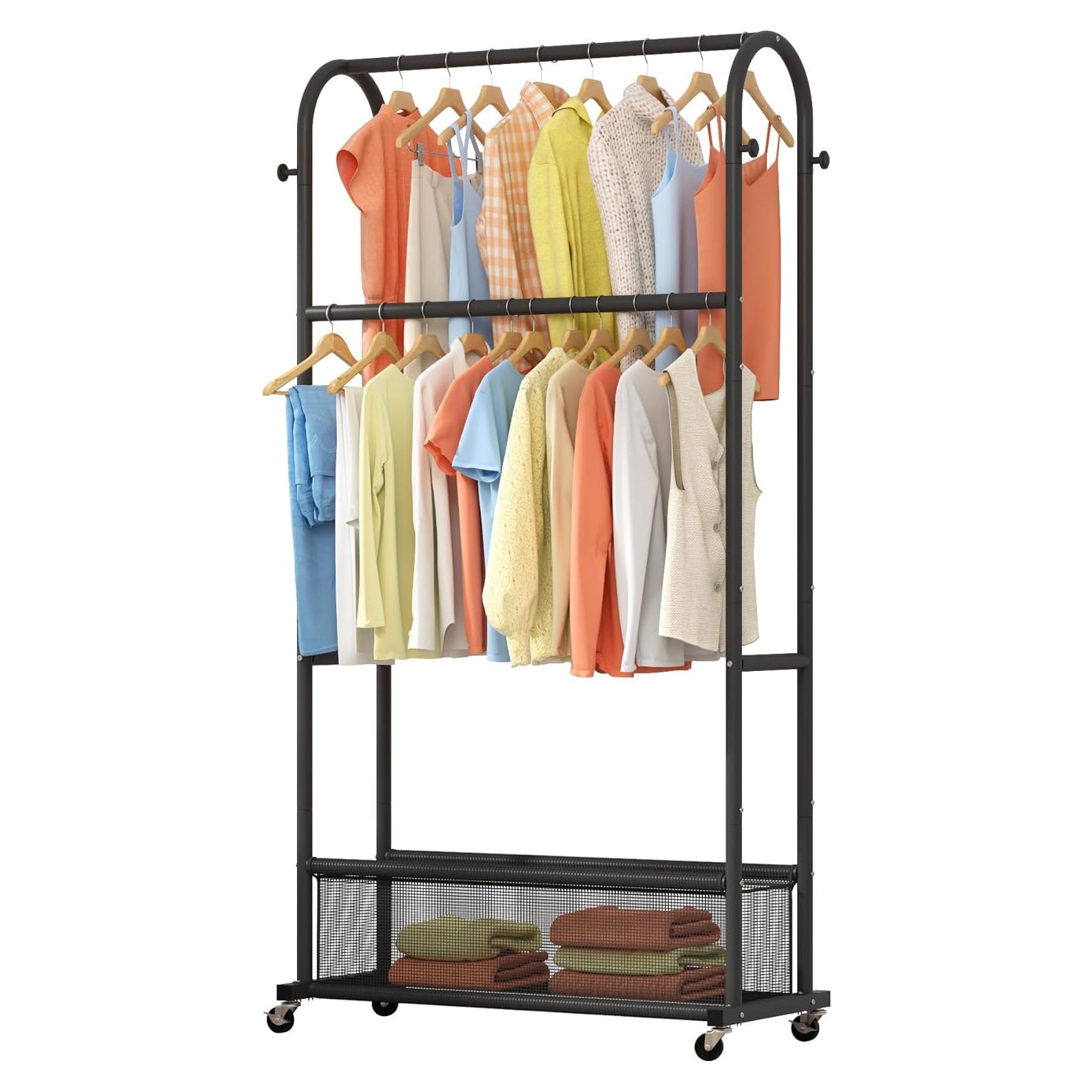 Perchero de Doble Barra MOYIPIN con Ruedas y 4 Ganchos Negro