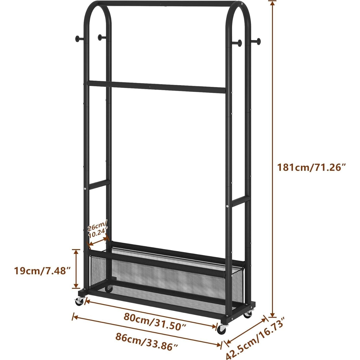 Perchero de Doble Barra MOYIPIN con Ruedas y 4 Ganchos Negro