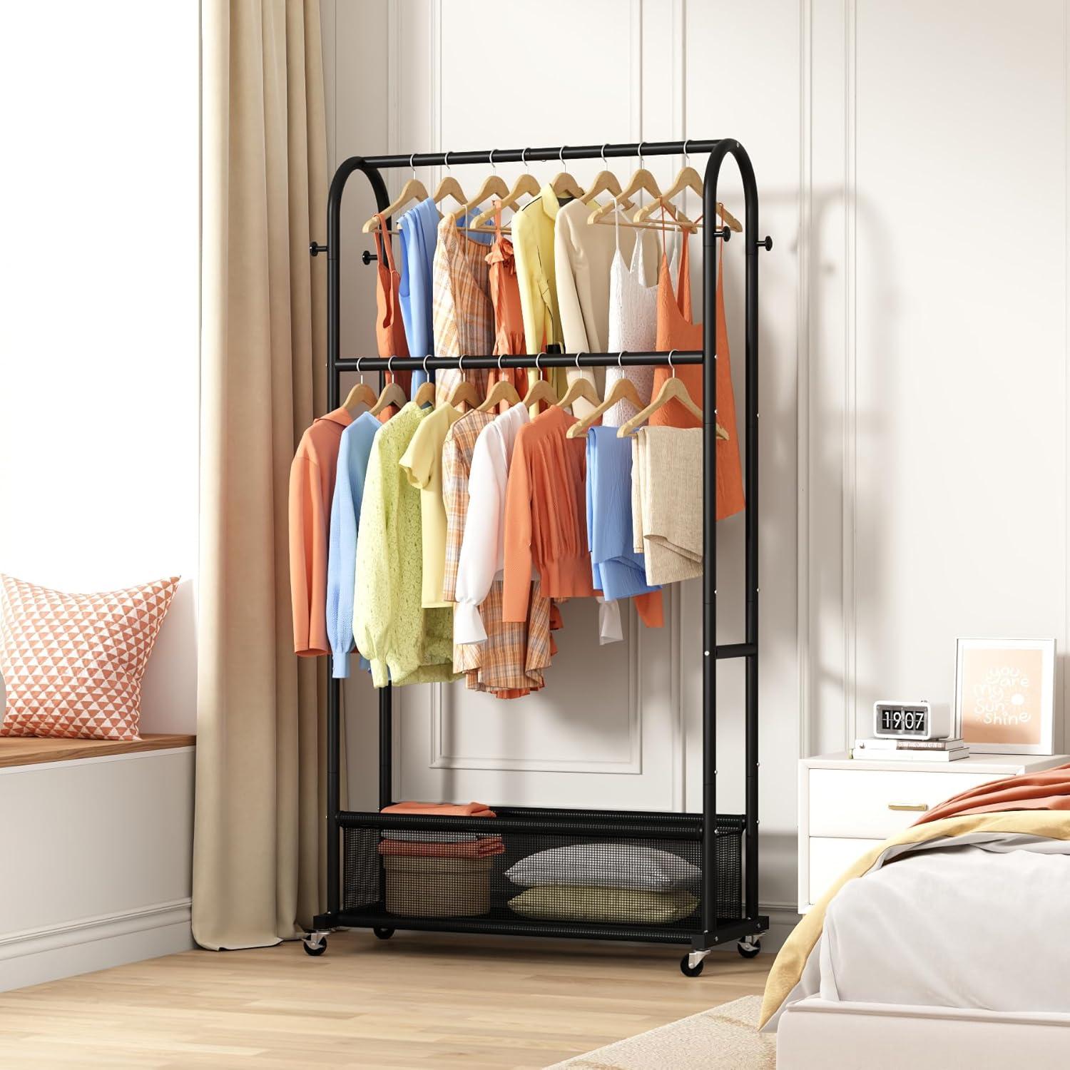 Perchero de Doble Barra MOYIPIN con Ruedas y 4 Ganchos Negro